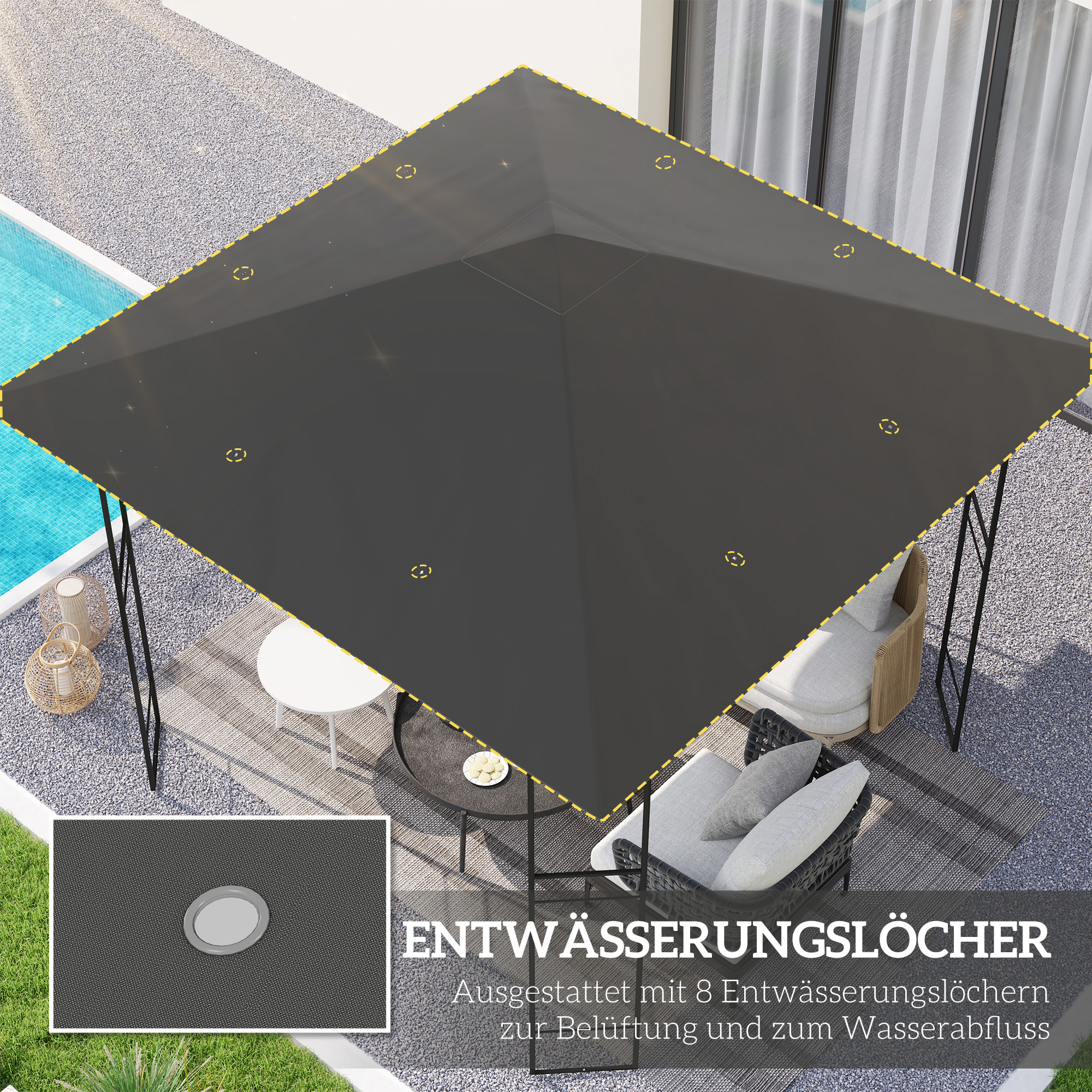 Ersatzdach für Pavillon 3 x 3 m wasserabweisend Pavillondach UPF30+ Ersatzbezug Oxford-Stoff, 370 g/m², Grau