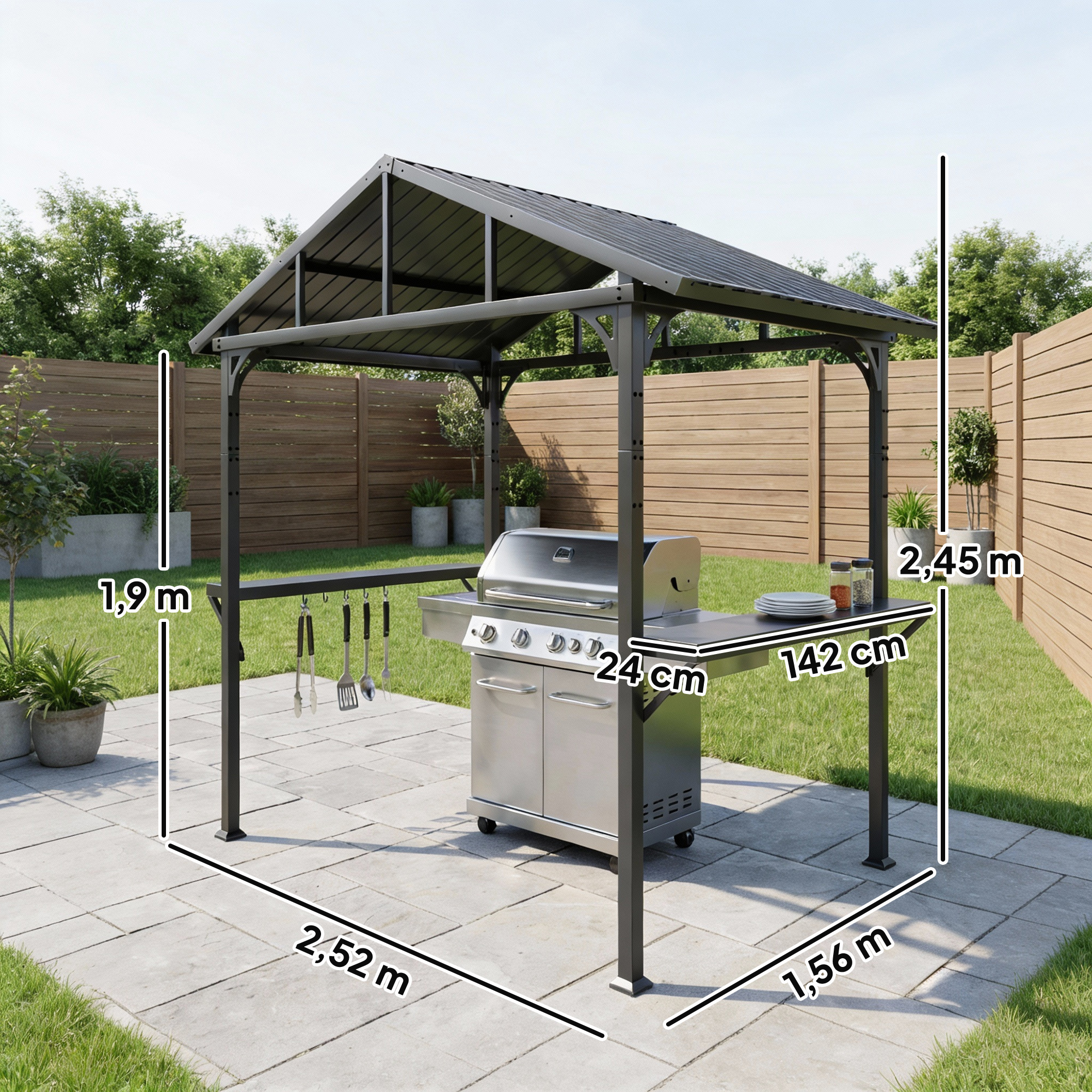 Grillpavillon 2,52 x 1,56 m, Wasserdicht Grill Pavillon mit Satteldach Seitenablage Haken Stahlrahmen Schwarz
