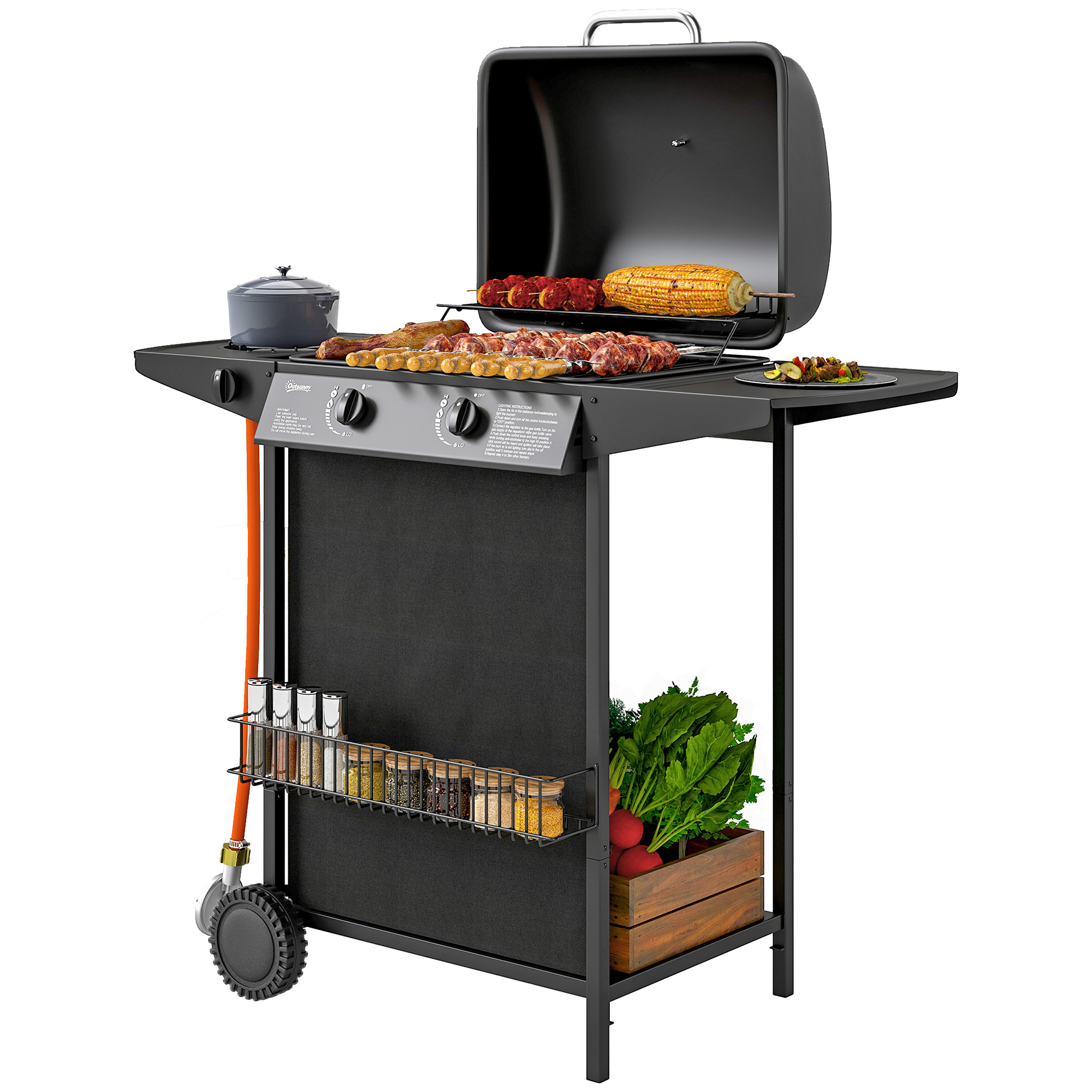 Gasgrill 7 KW Grillwagen inkl 3 Brenner Seitenkocher Rolle Deckel 107 x 54 x 96 cm Schwarz