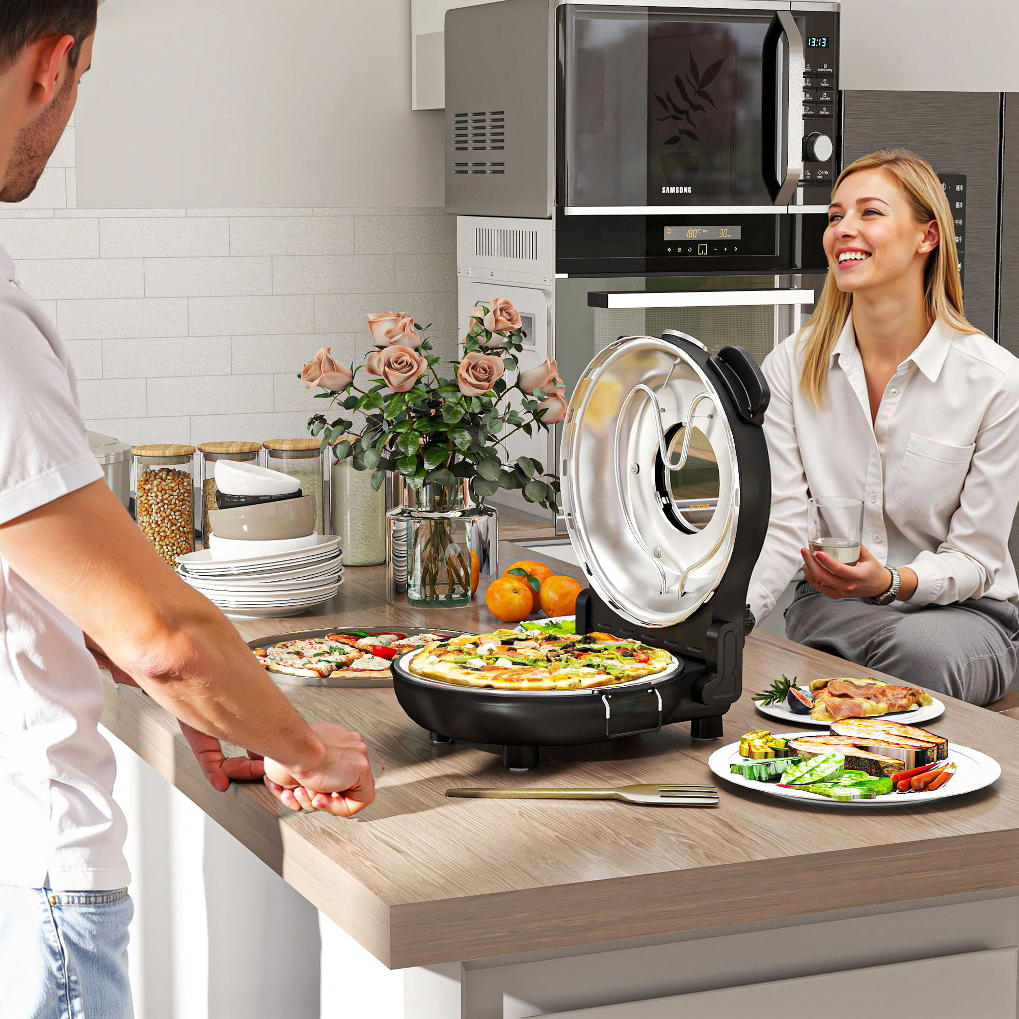 Pizzaofen elektrisch 430 ?, 1200 Watt Pizzabäcker mit 30cm Steinplatte Timer Sichtfenster Edelstahl Schwarz