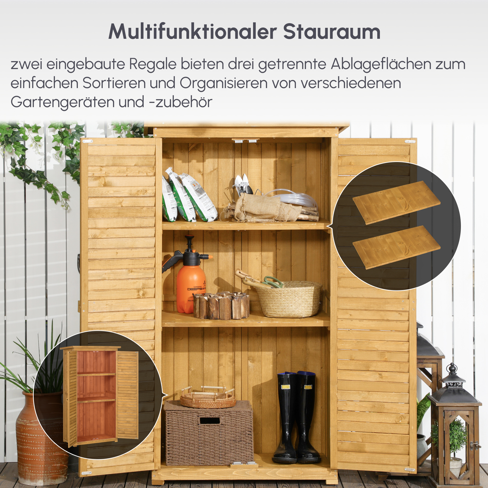 Geräteschuppen mit Lamellentüren 3 Regale wetterbeständig 87 cm x 46,5 cm x 160 cm Tannenholz Braun