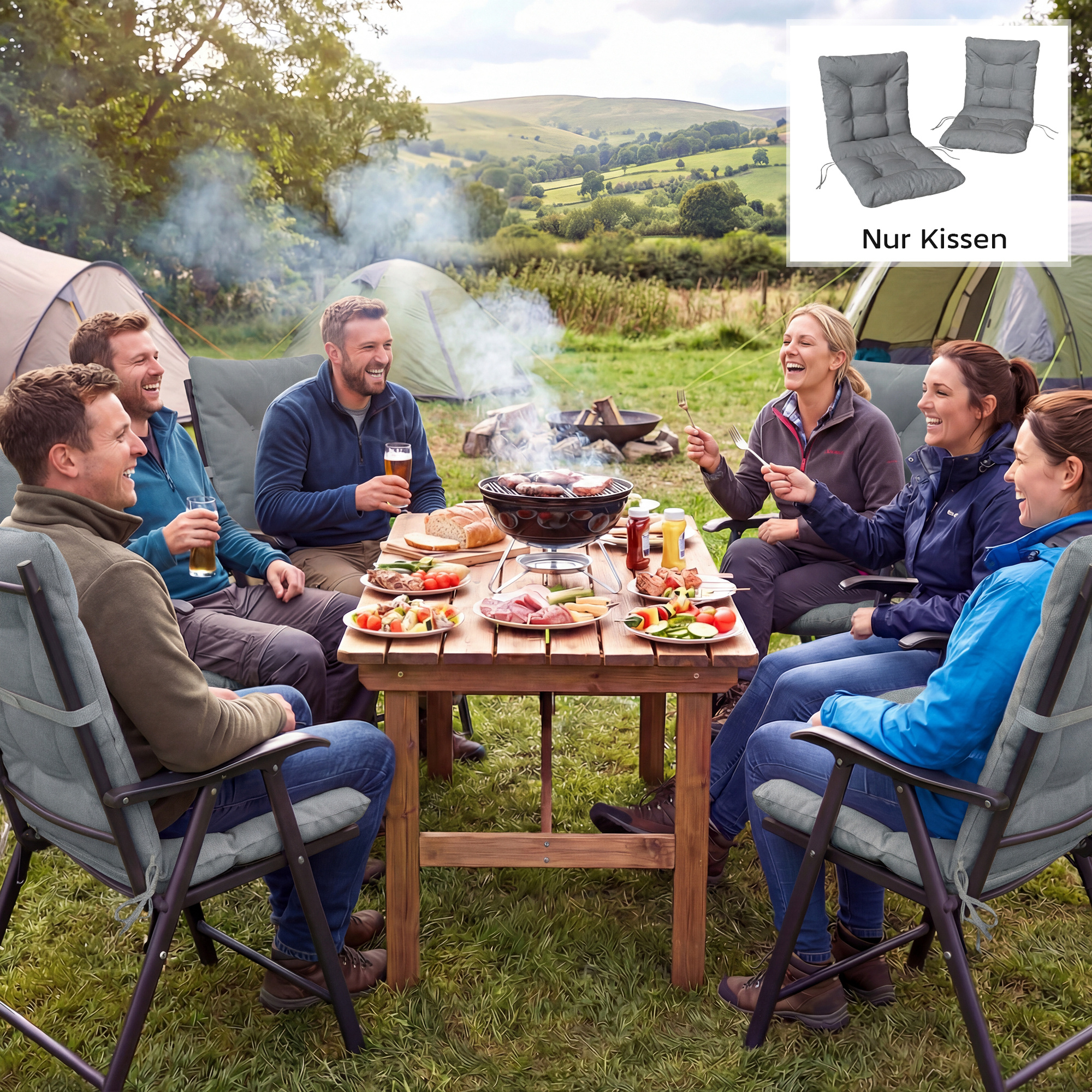 Outdoor-Sitzkissen mit Rückenlehne und Bändern, wasserabweisende Polster für drinnen und draußen, Hellgrau