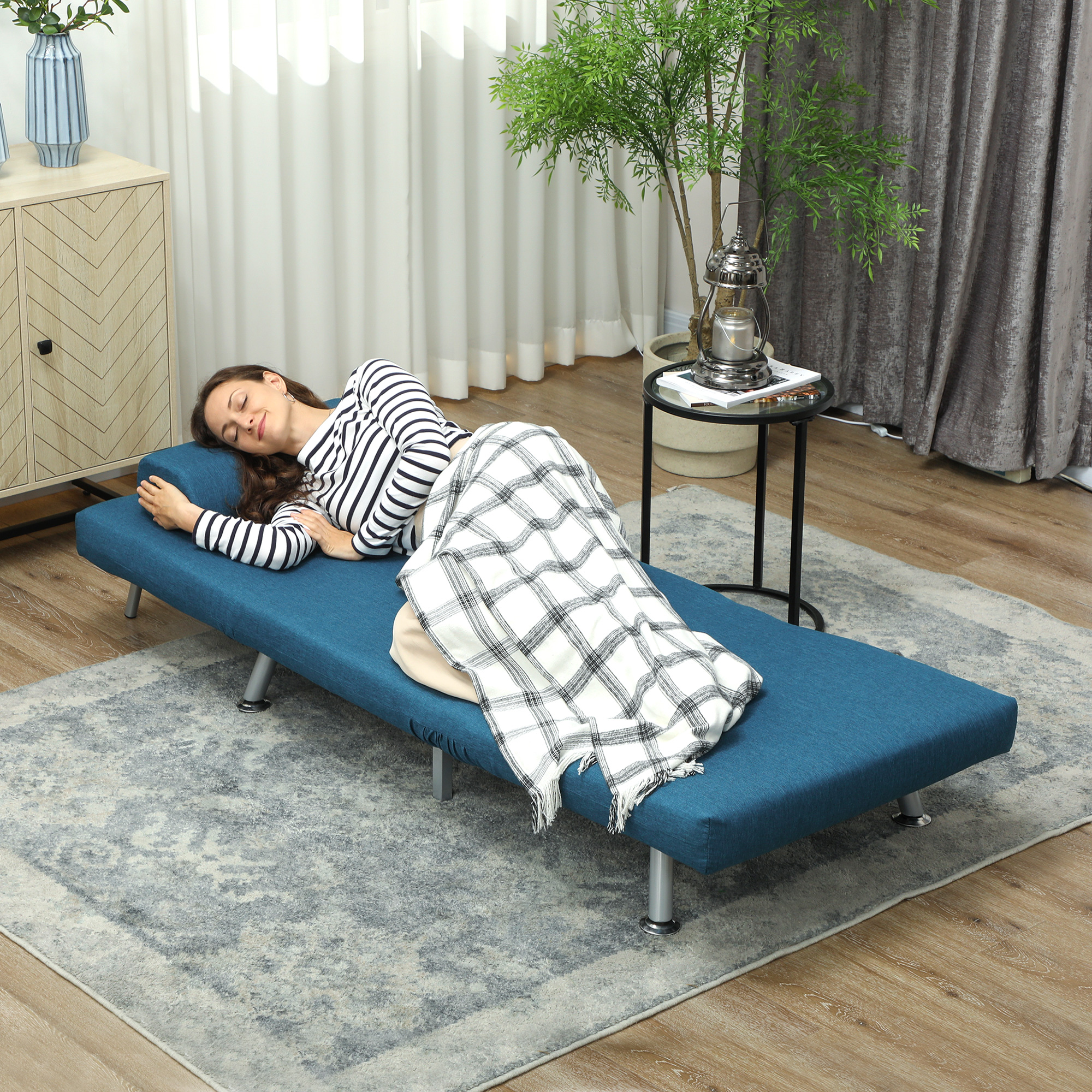 Klappsessel mit Bettfunktion, klappbarer Relaxsessel in Leinenoptik, Verstellbare Rückenlehne, 75 x 70 x 75 cm, Blau