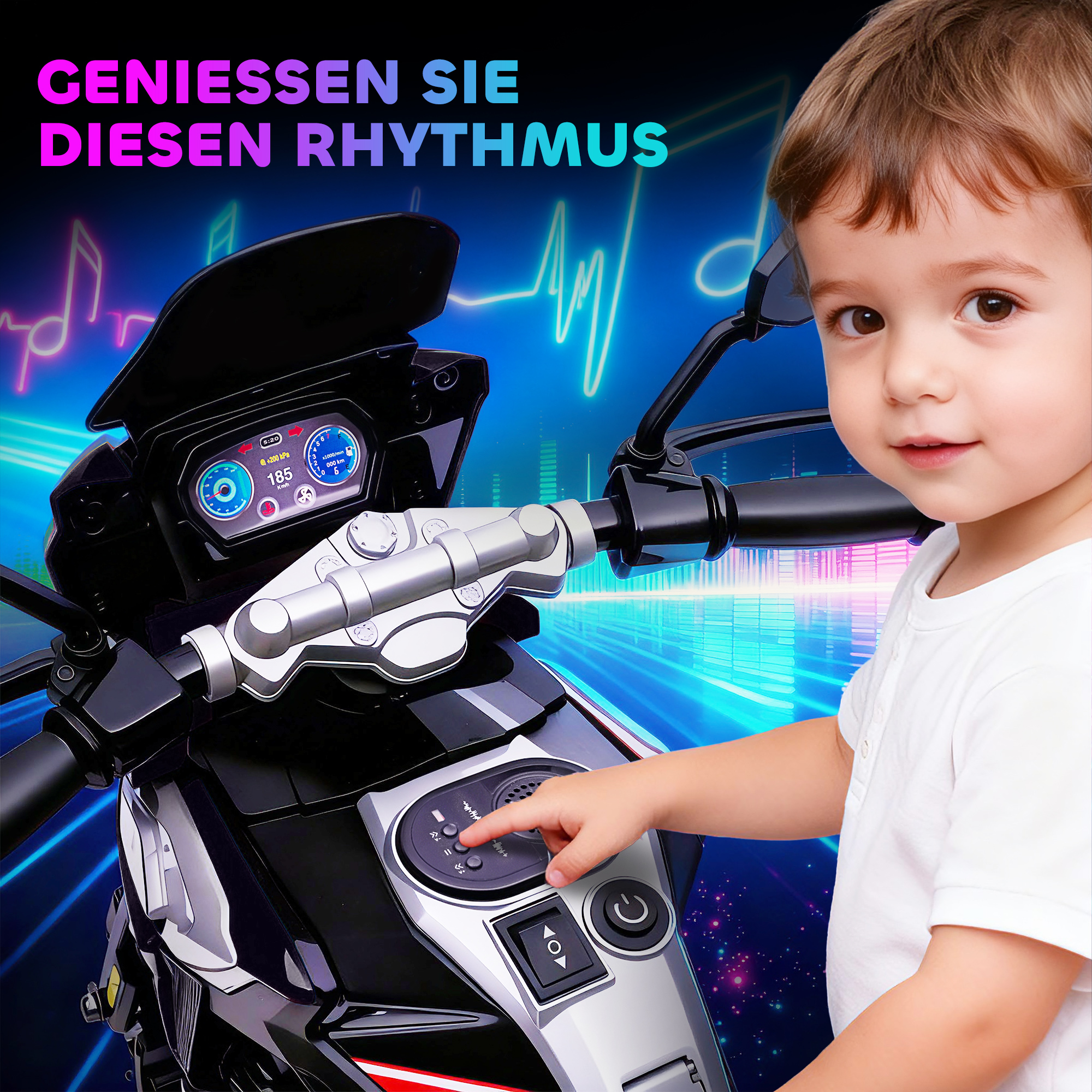 Elektro-Motorrad für Kinder von 18-36 Monaten, Aufsitz-Fahrzeug, Hilfsräder, Lichter, Musik, Kunststoff, Stahl, Schwarz