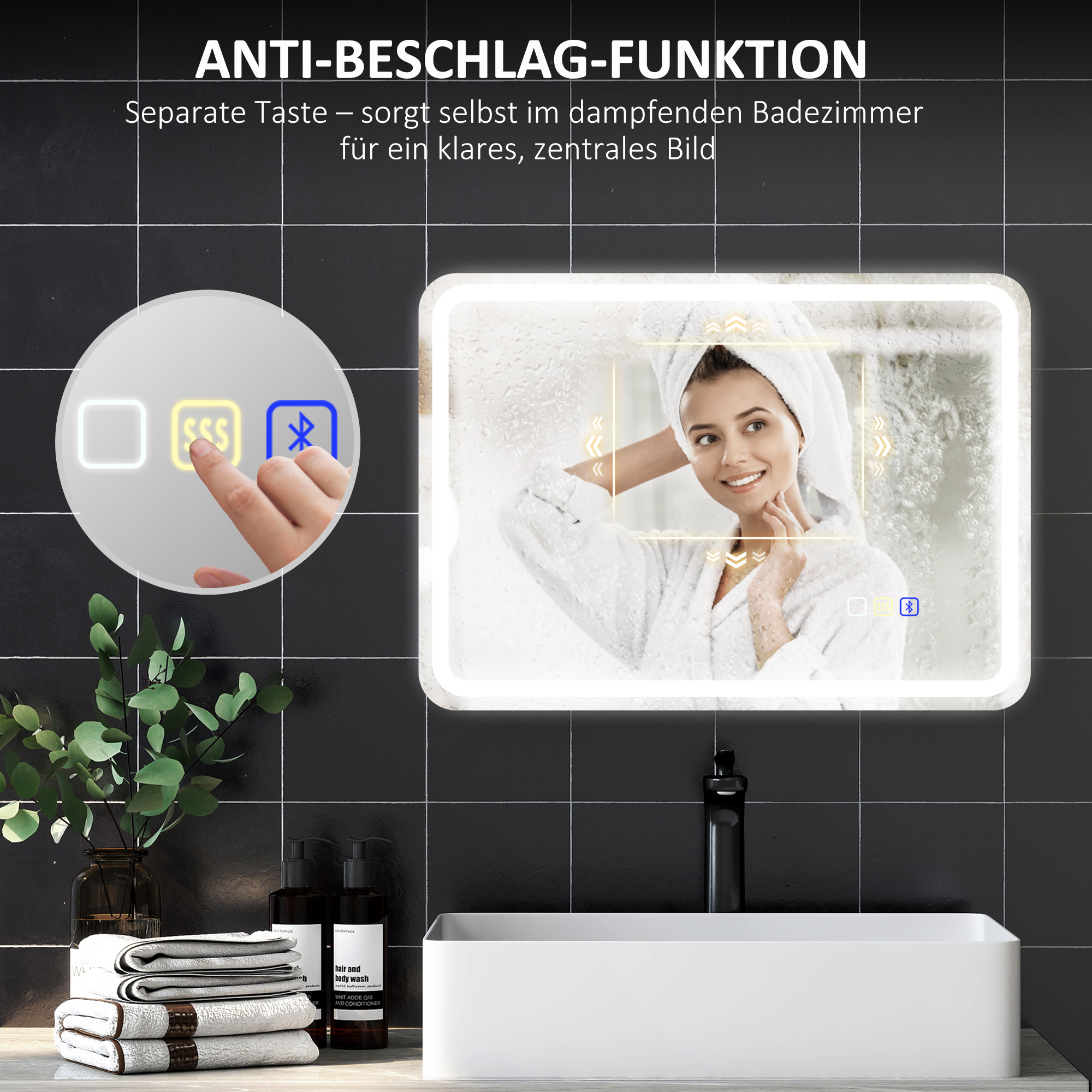 Badezimmerspiegel mit LED-Beleuchtung, Anti-Beschlags-Pad, 3 verstellbare Farben, Silberfarben