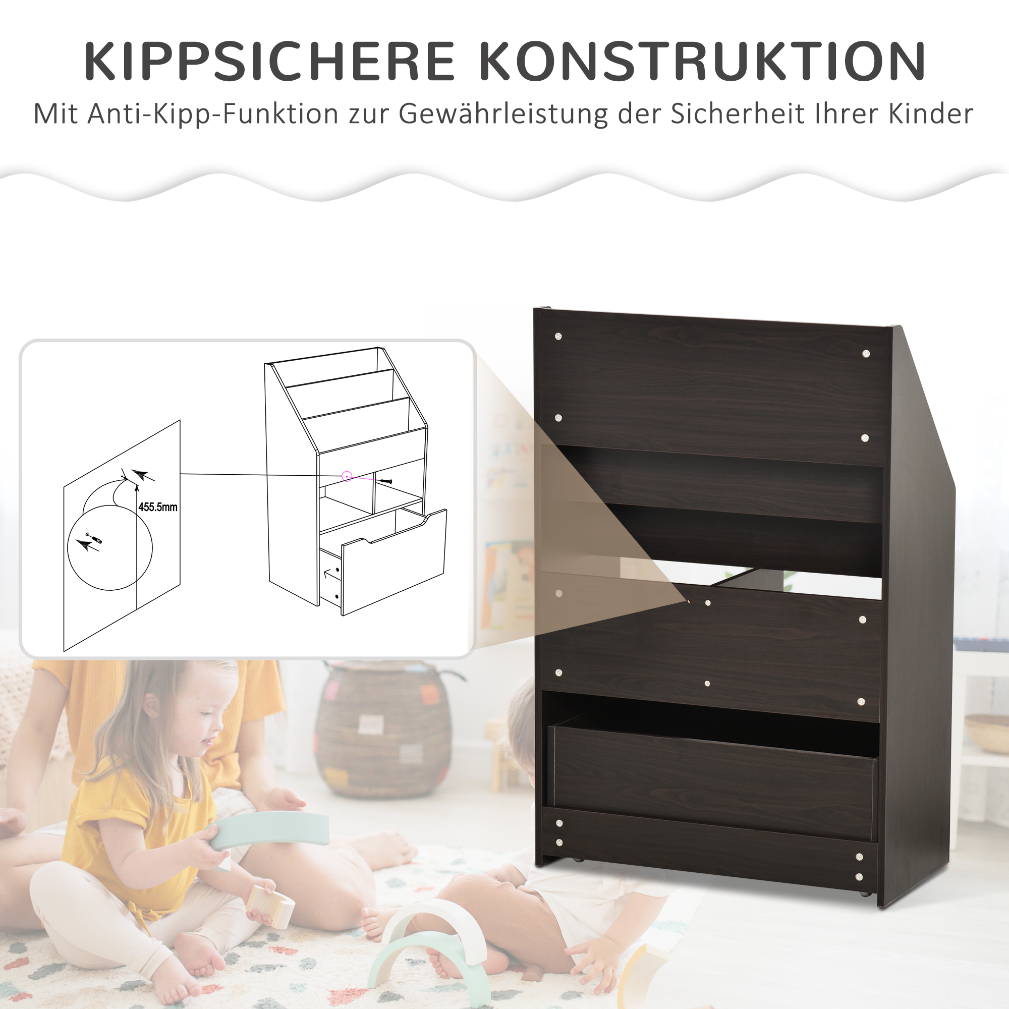 Kinderregal mit Schublade, Bücherregal mit Fächern, 60 x 29,9 x 90 cm, Grau