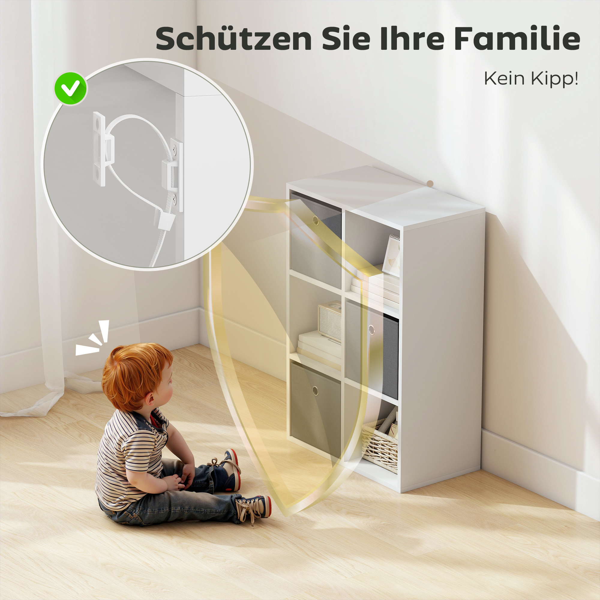 Regal mit 6 Fächern und 3 Stoffschubladen, Aufbewahrungsregal, vielseitig, Grau