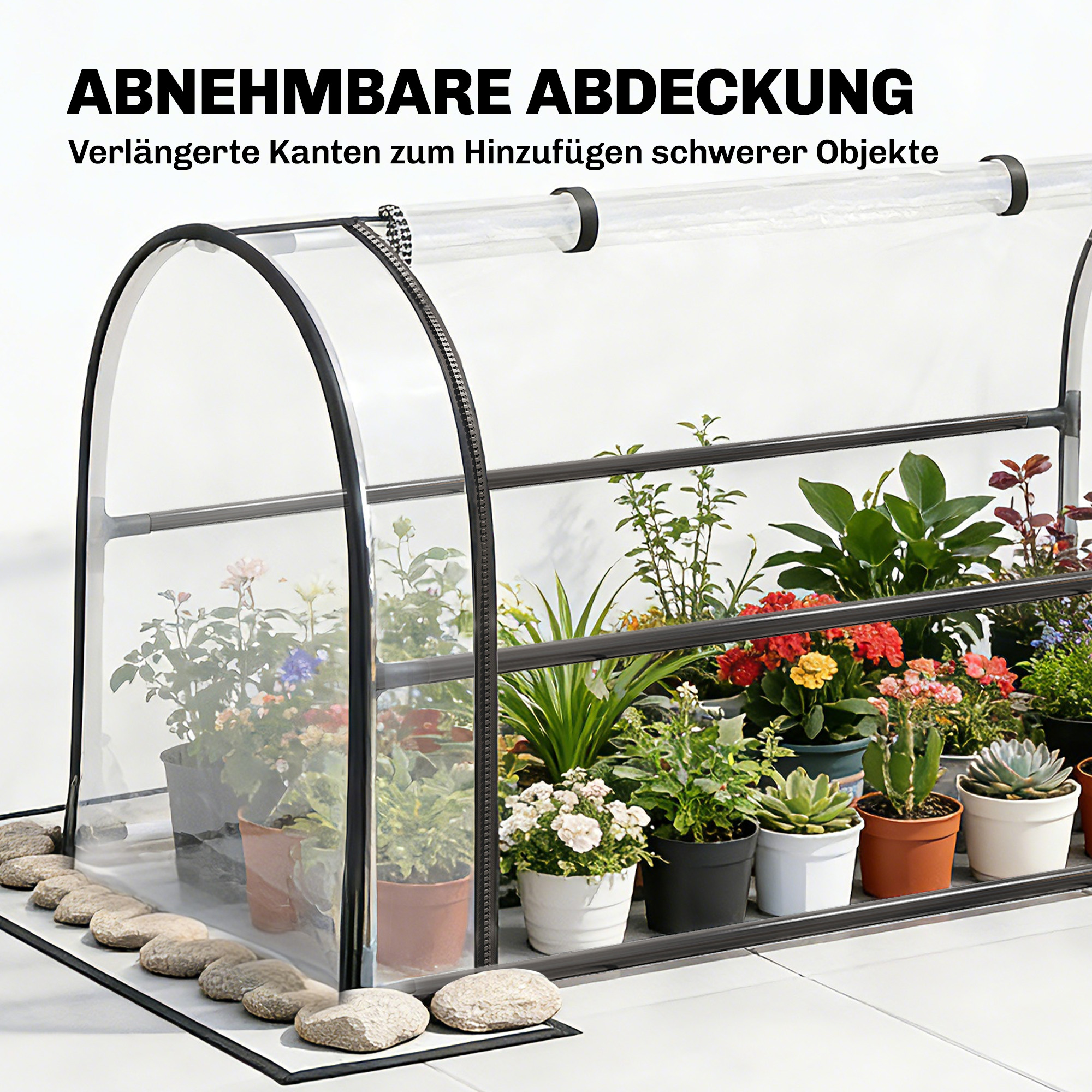 Hochbeet mit Gewächshaus-Aufsatz Pflanzkasten mit aufklappbar Abdeckung Rollbar Reißverschlusstür Abflussloch Schwarz