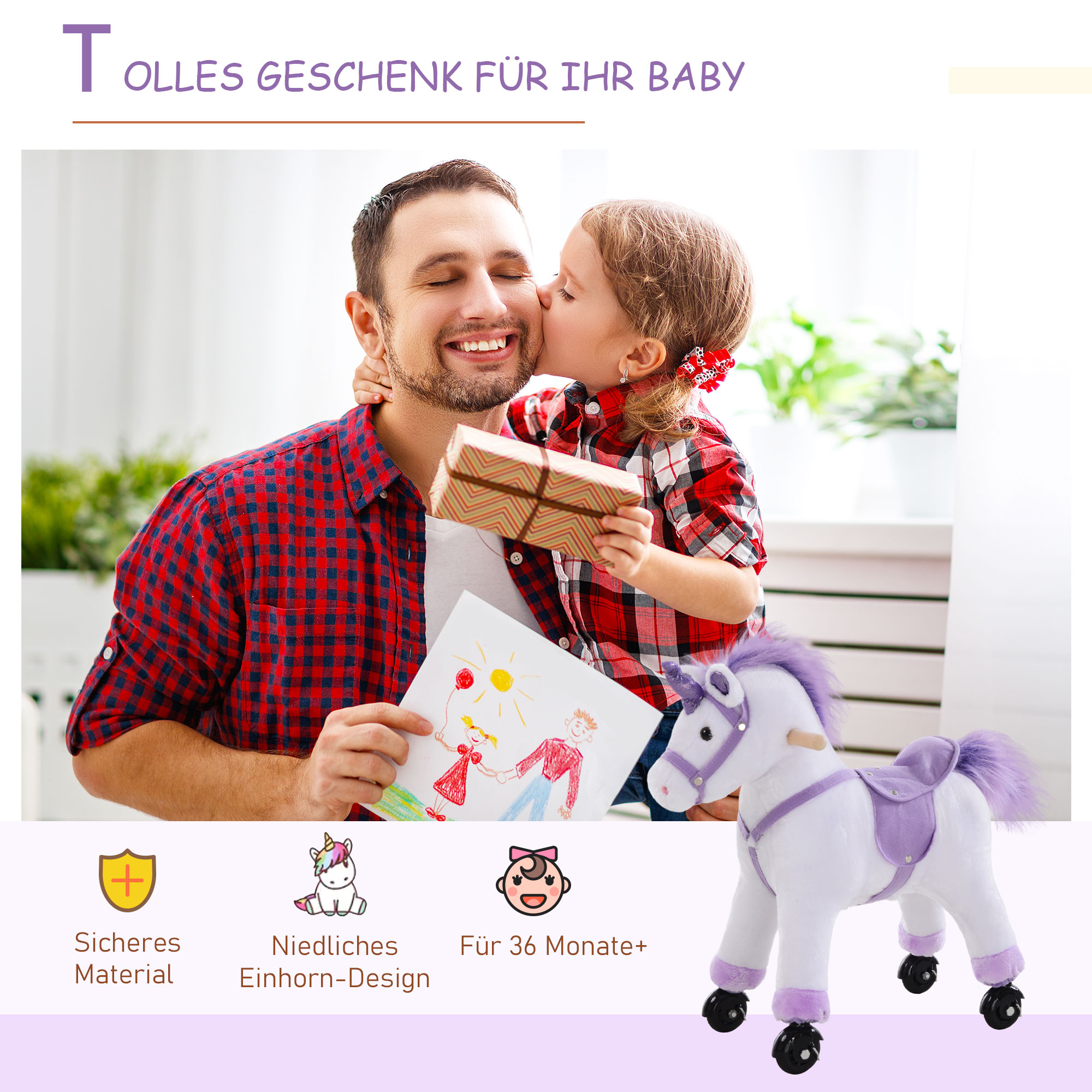 Reitpferd auf Rollen Spielpferd Reittier  Wiehern Plüsch Lila 55 x 23 x 60 cm