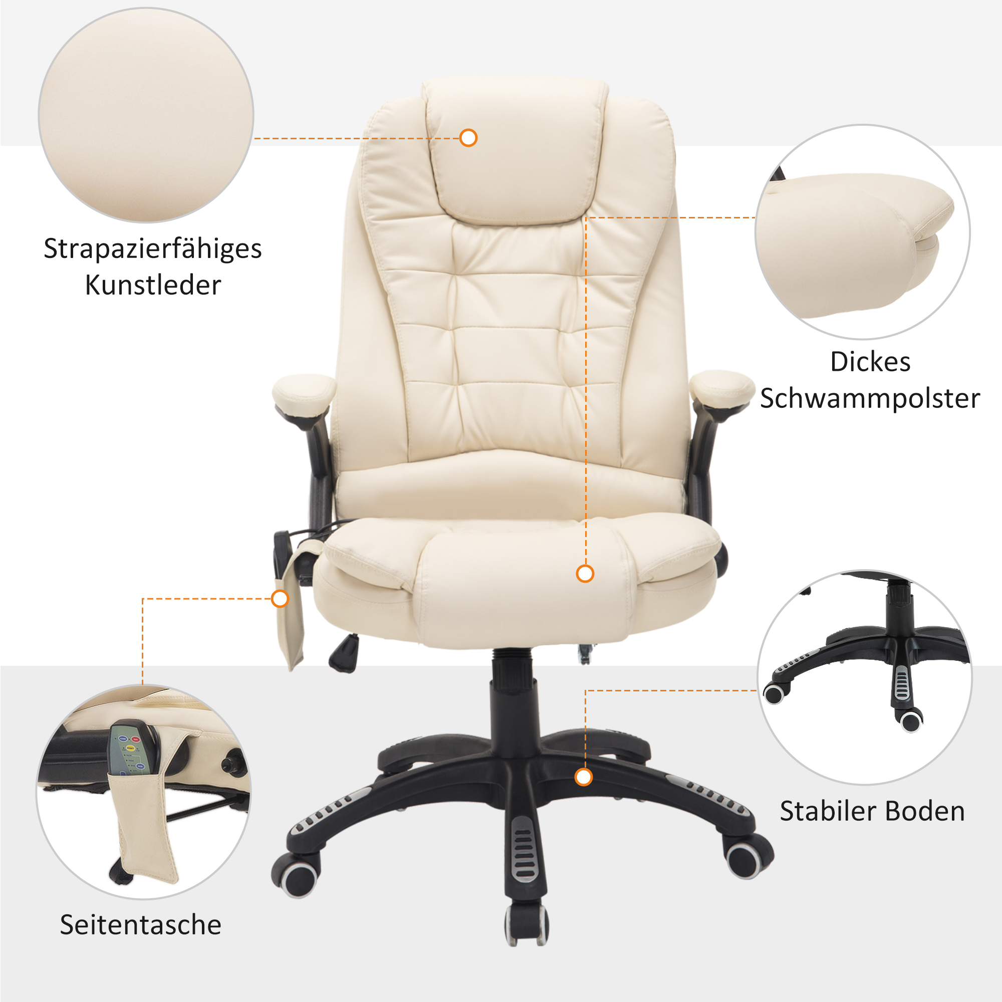 Bürostuhl mit Massagefunktion, Wärmefunktion, höhenverstellbar, Kippfunktion, Massage-Bürostuhl, Cremeweiß + Schwarz