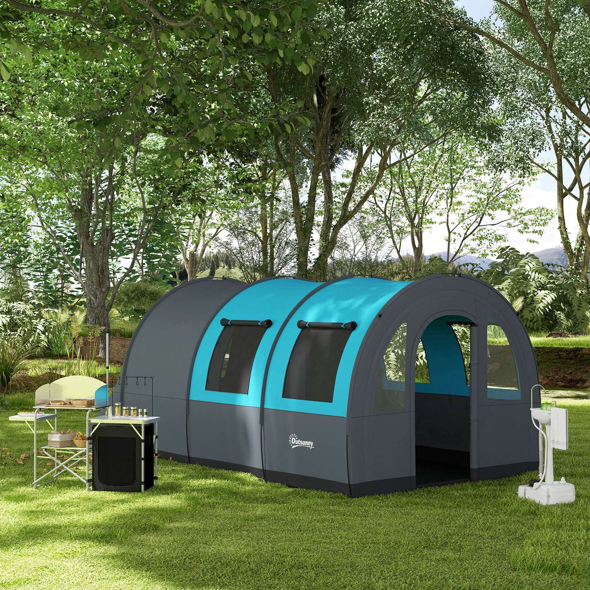 Campingzelt bis 6 Pers., Familienzelt, separate Bereiche, wasserdicht, Grau/Blau