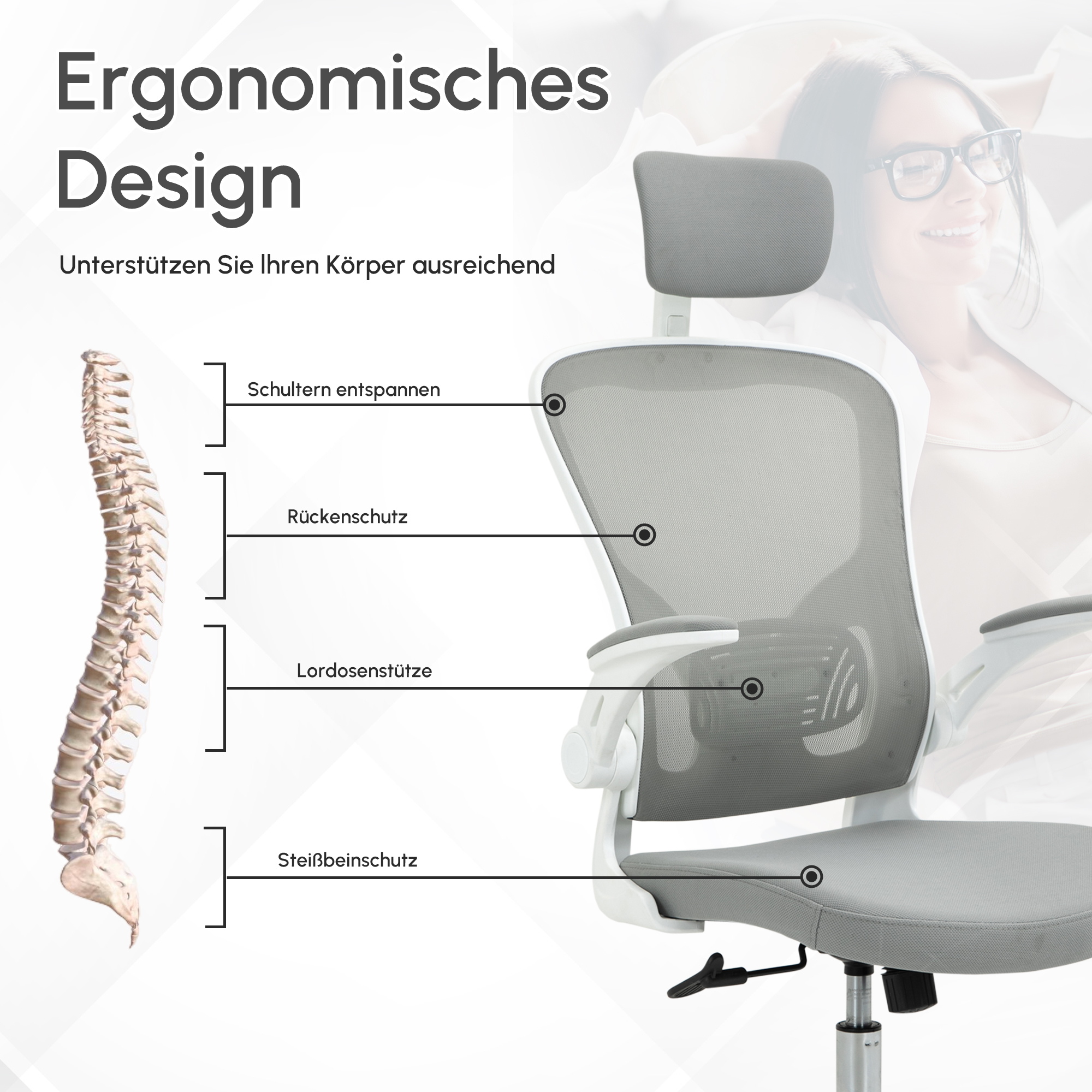 Bürostuhl ergonomischer Shreibtischstuhl mit Wippfunktion hoher Rückenlehne Lendenwirbelstütze Kopfstütze hochklappbarem Arm Home-Office Grau 65 x 64 x 114-122 cm