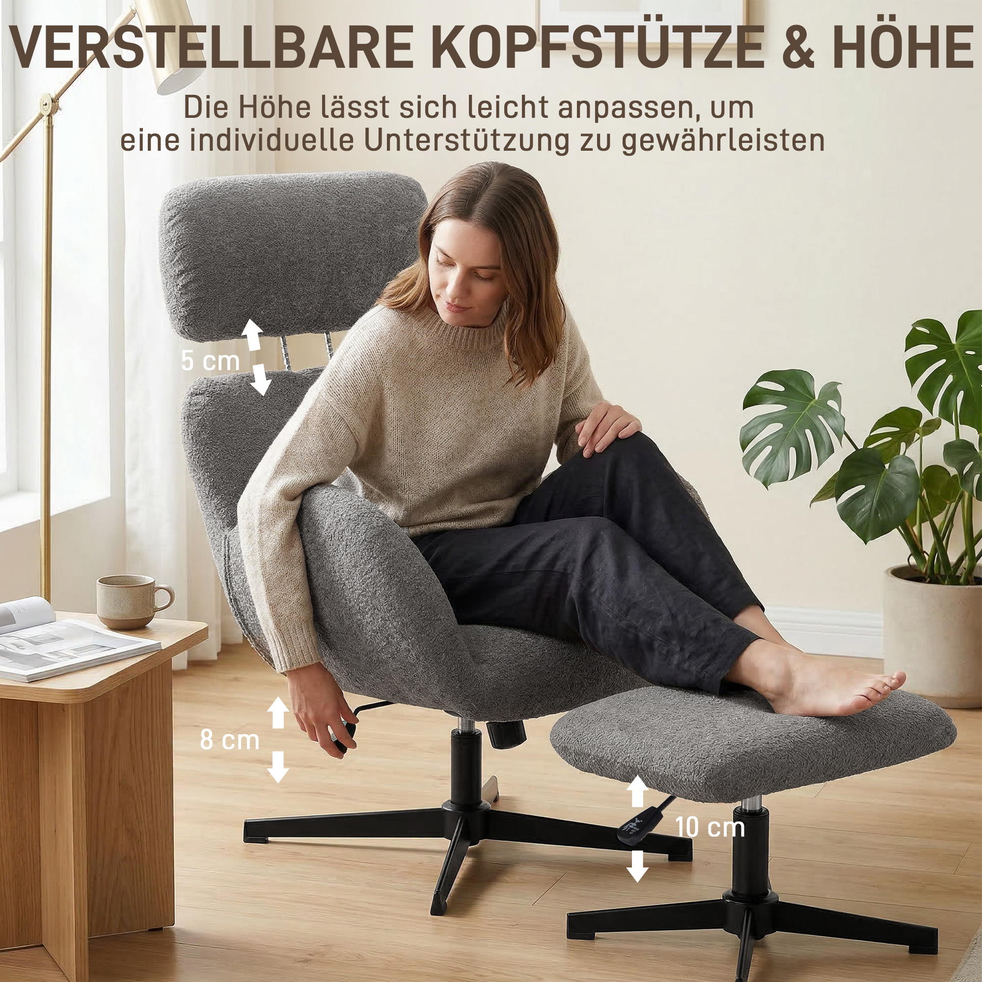 Drehbarer Sessel mit Fußhocker, höhenverstellbarer Akzentstuhl mit verstellbarer Kopfstütze, Schaukel-Funktion, Grau
