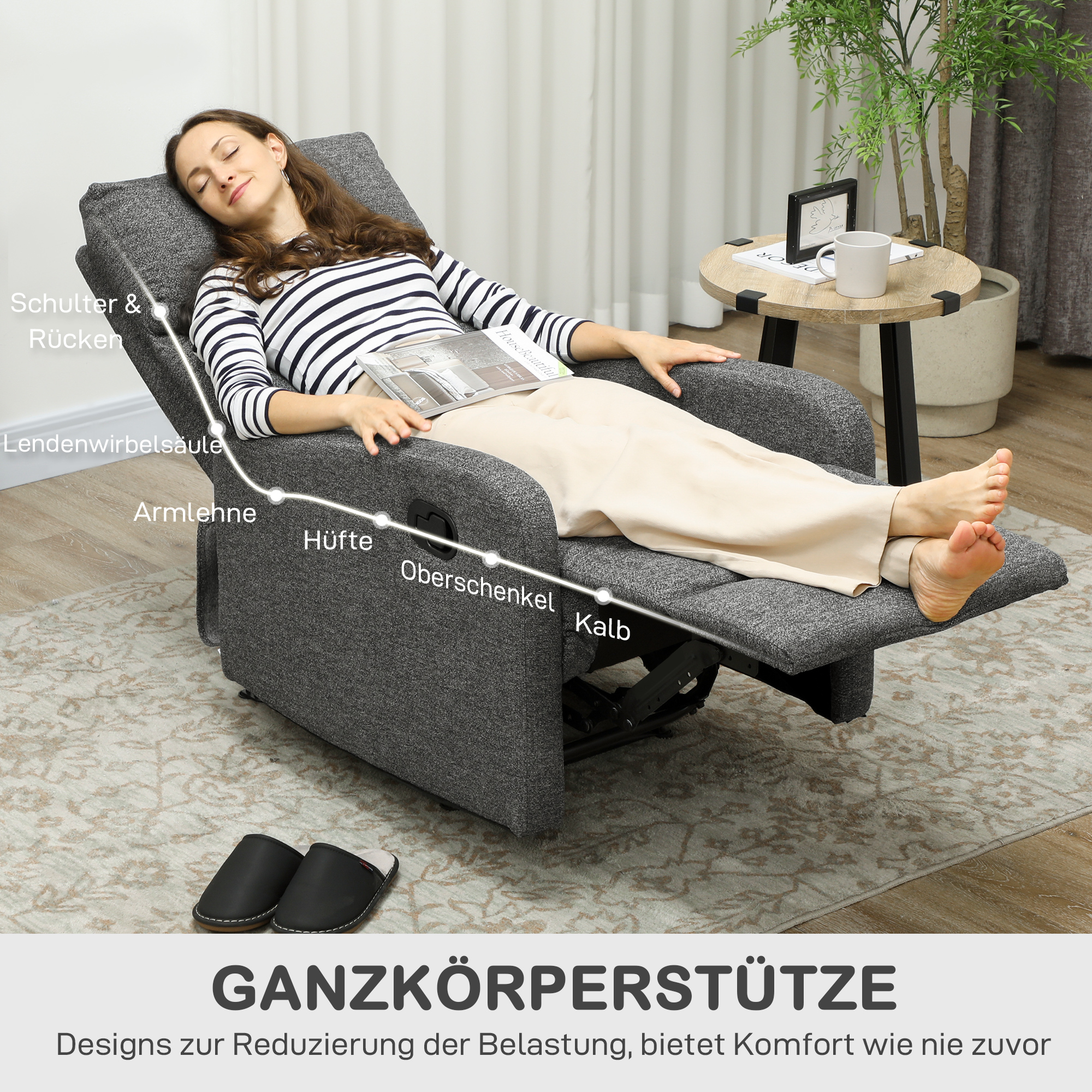 Relaxsessel, verstellbarer Liegesessel mit anpassbarer Beinstütze, Moderner Wohnzimmersessel mit Stoffbezug, Grau
