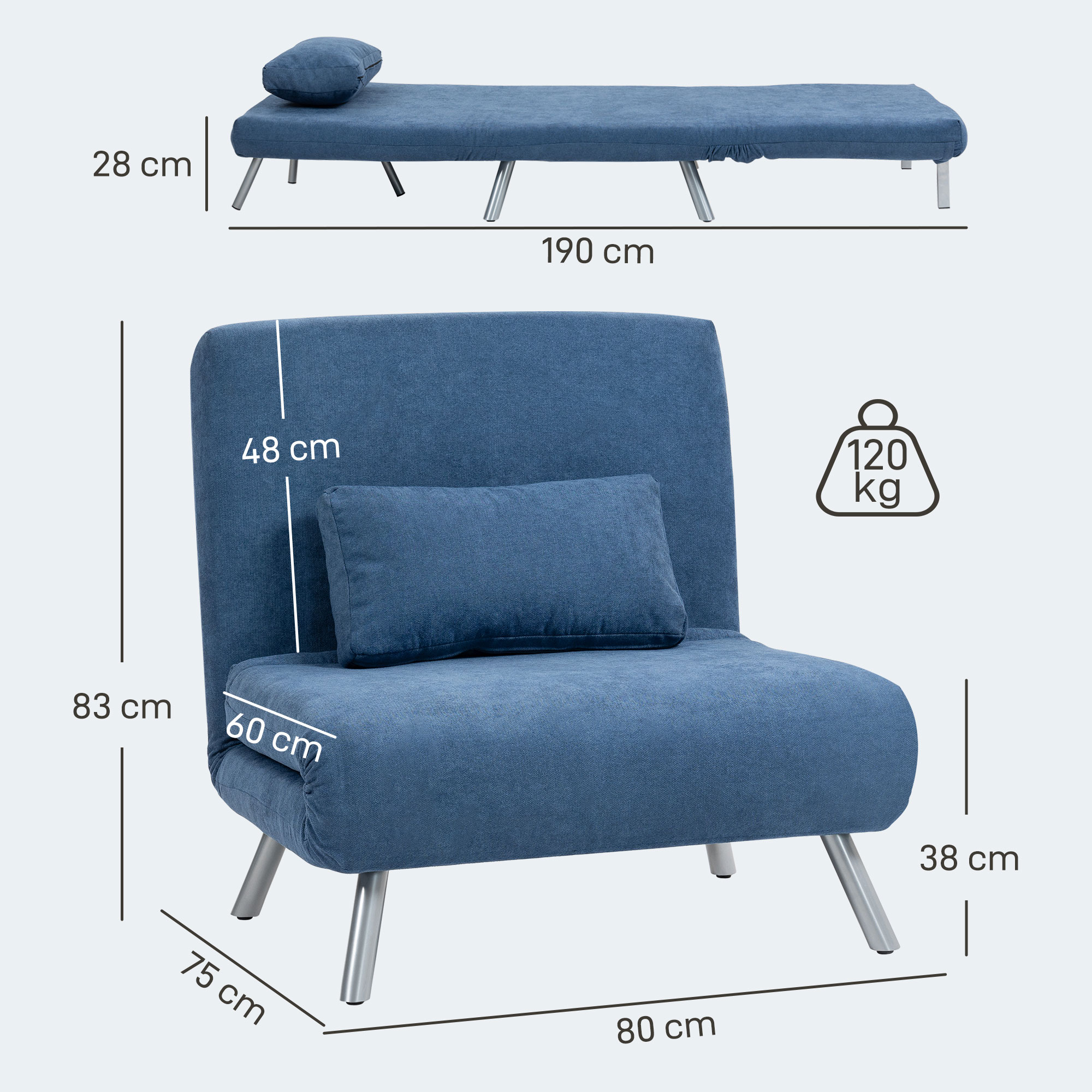 Polstersessel mit Bettfunktion, 3-in-1 Design, Schlafsessel, Gästebett, Stoffbezug, mit Kissen, Blau
