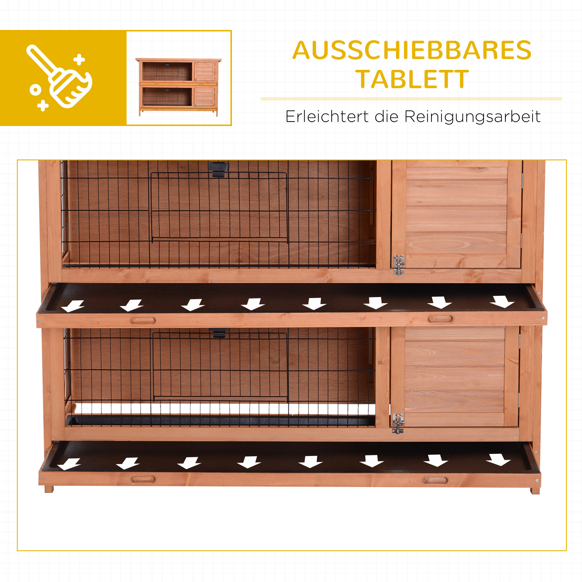 Hasenstall winterfest 2 Etagen Kaninchenstall Holz Bodenwanne Asphaltdach Türen 136,4 x 50 x 93 cm Orange