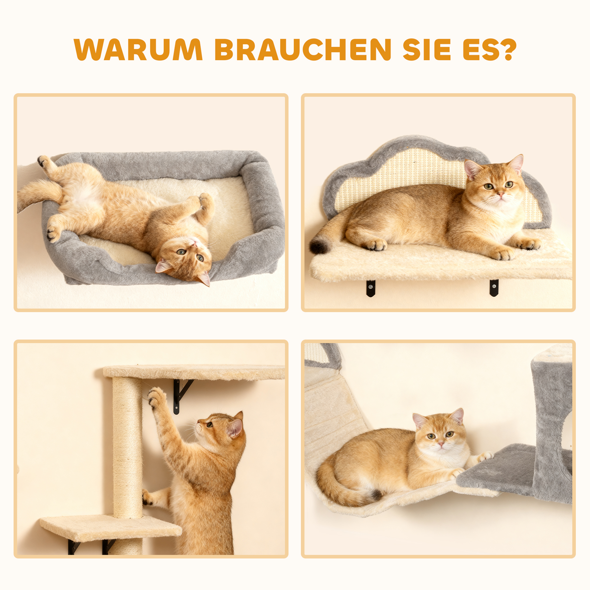 Wandmontiertes Kratzbaum-Set, Sisalkratzflächen, 4 Teile, für 1-3 Katzen, Beige