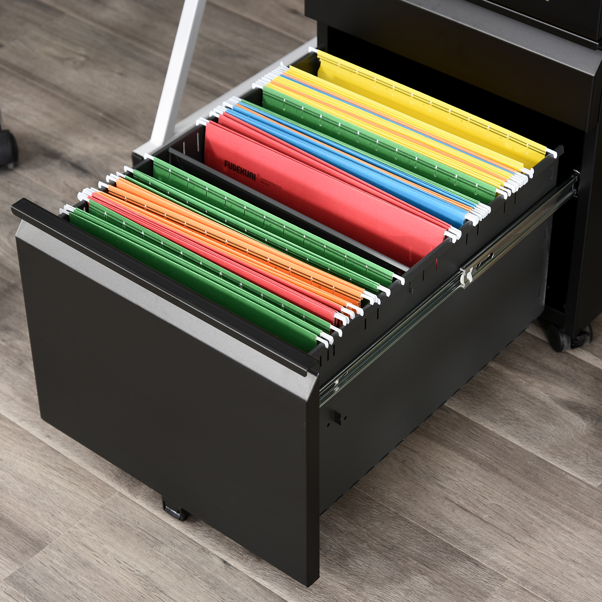 Rollcontainer, 3 Schubladen, 5 Räder, Hängeregister, abschließbar, Stahl, schwarz 39 x 48 x 60 cm