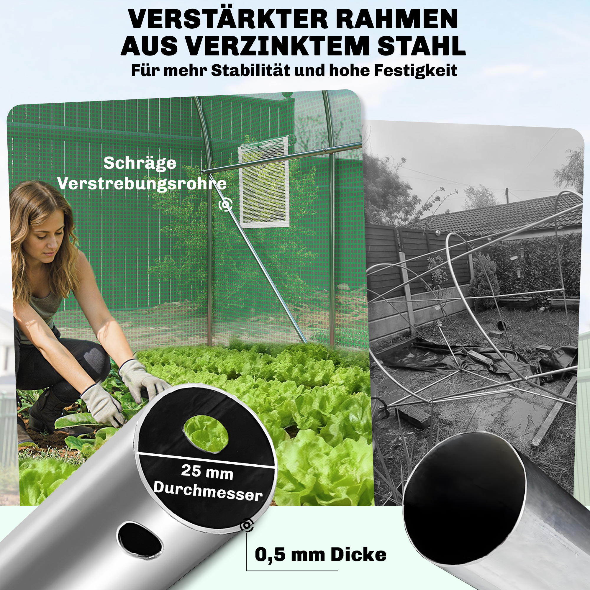 Gewächshaus 3 x 2 x 2 m Foliengewächshaus mit Abschließbar Anschlag-Tür 6 Rollbar Netzfenster Stützstangen
