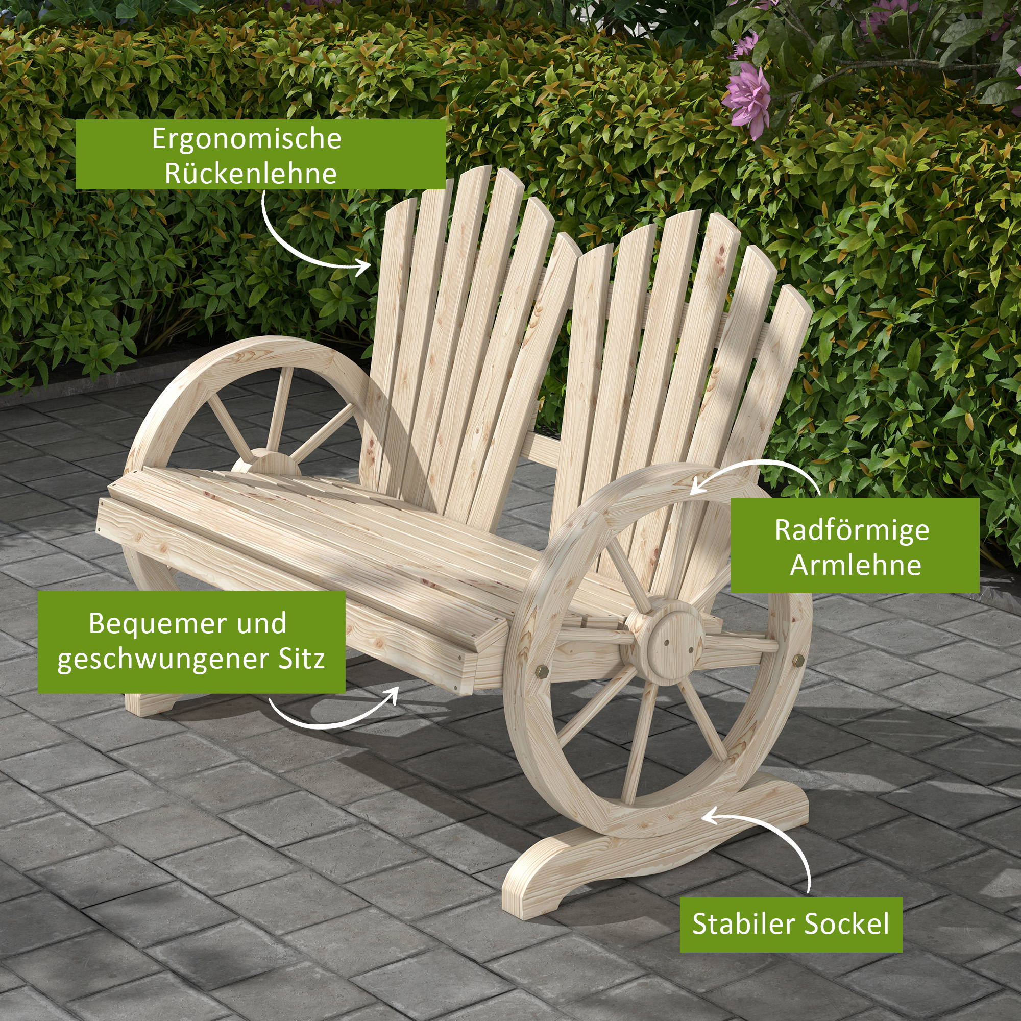Gartenbank, Wagenrad-Design, für 2 Personen, Naturholz