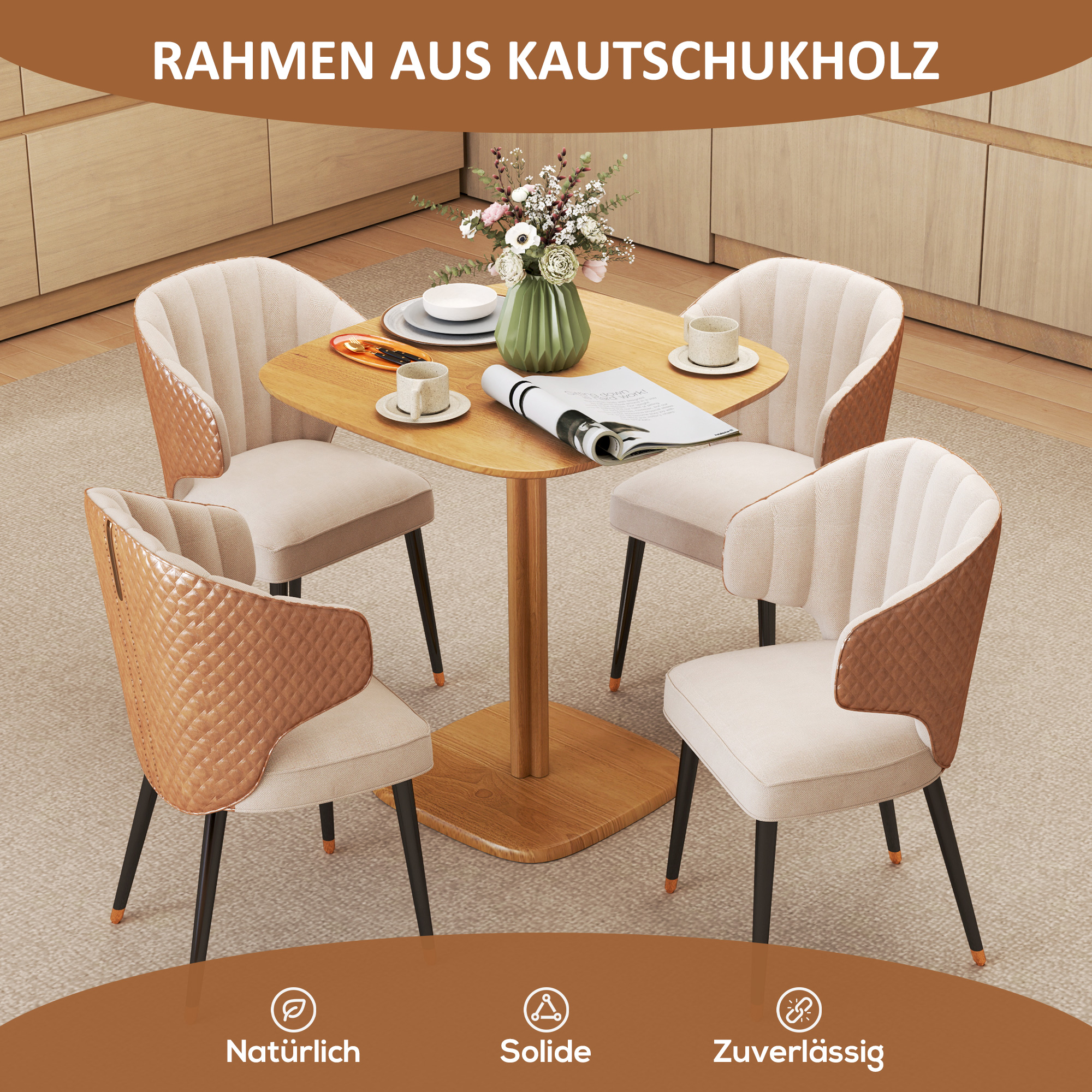 Esstisch, 70 x 70 cm Küchentisch für 4 Personen aus Kautschukholz für Küche, Esszimmer, Natur
