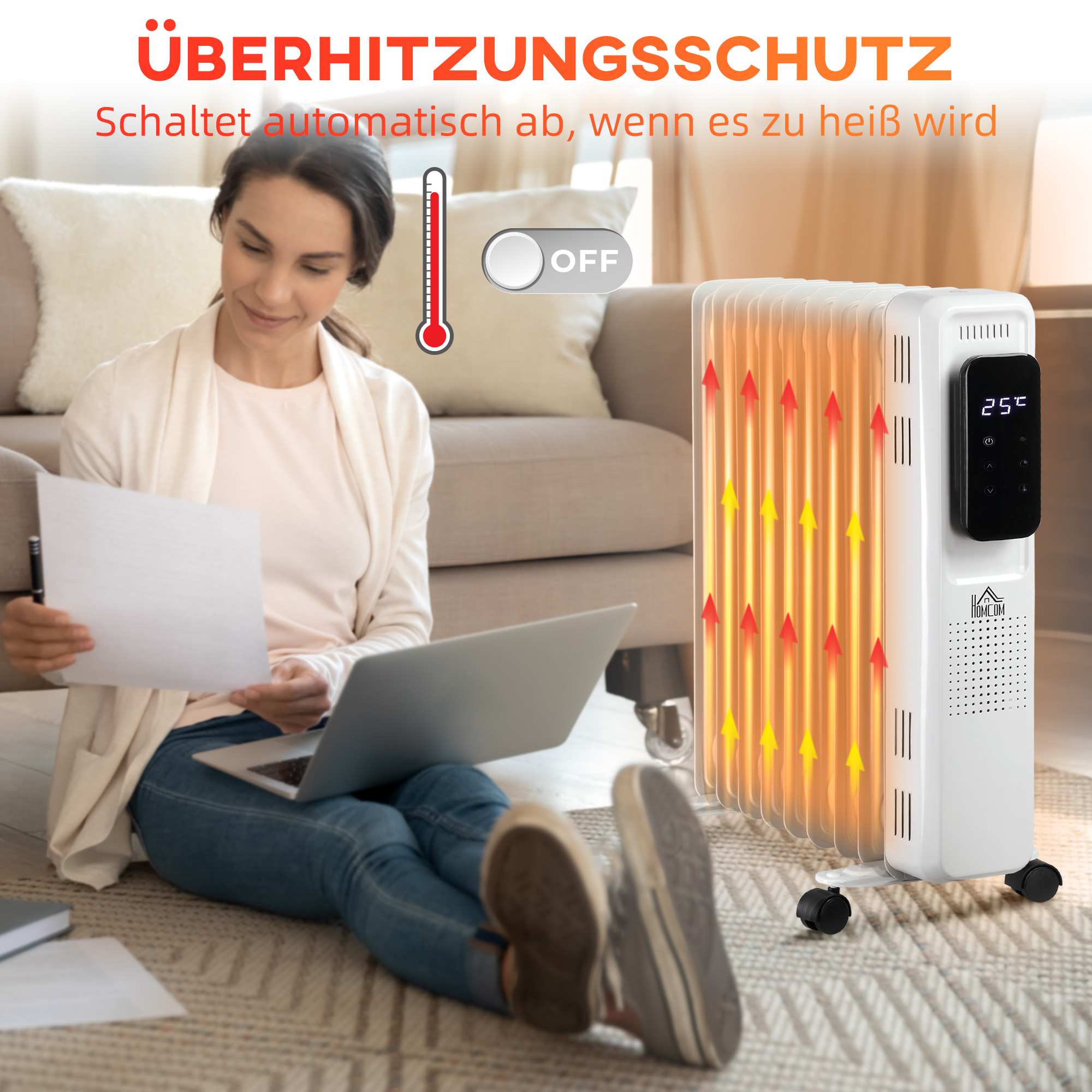 Ölheizung, 3 Heizstufen, Touch-Display, 15-35° C, 2000 W, Stahl, weiß, 42,5 x 24 x 63cm