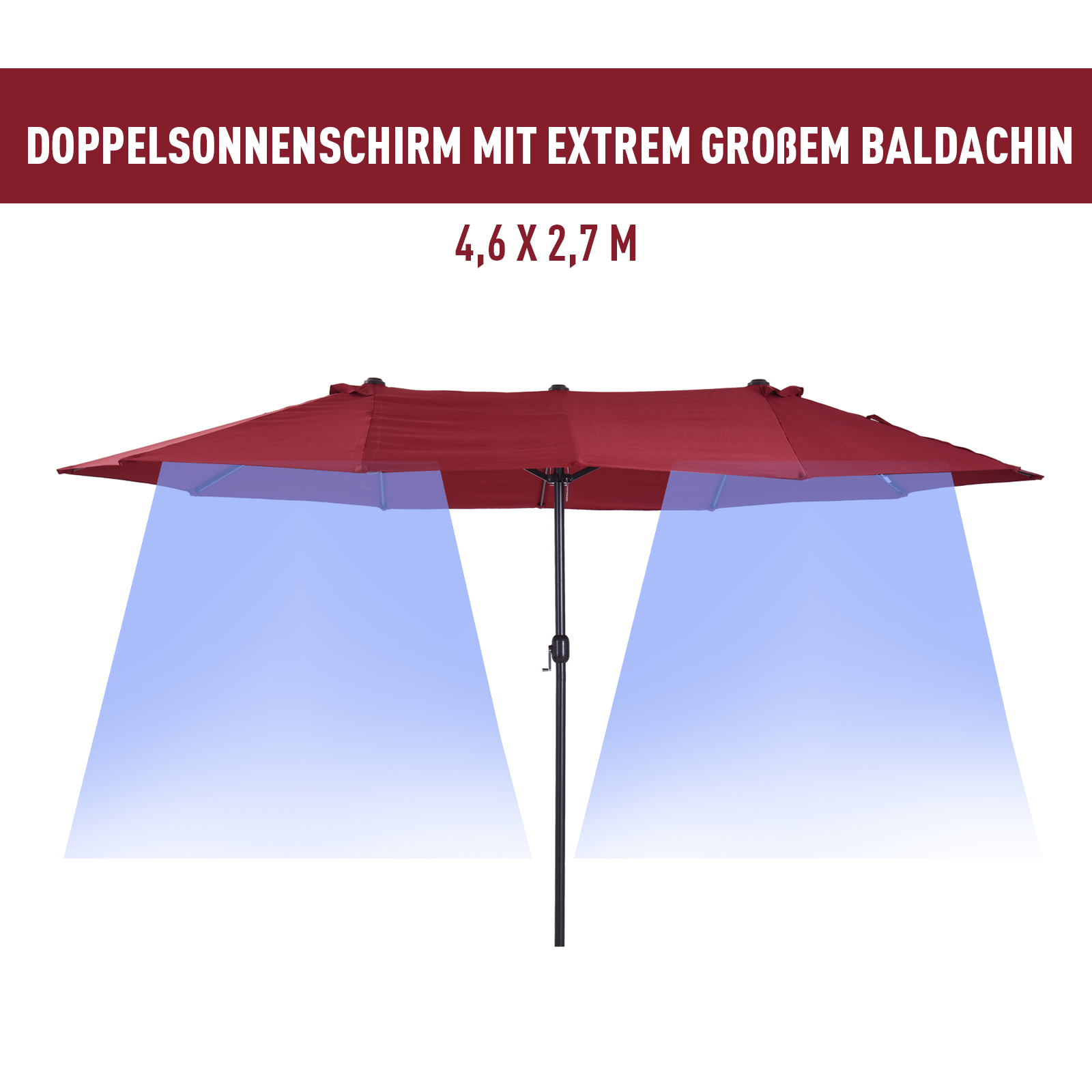 Doppelsonnenschirm 455 x 270 cm Gartenschirm mit Handkurbel oval stabil Metallstange Marktschirm Doppelsonnenschirm Terrassenschirm Sonnenschutz für Strand Balkon Terrasse Garten Weinrot