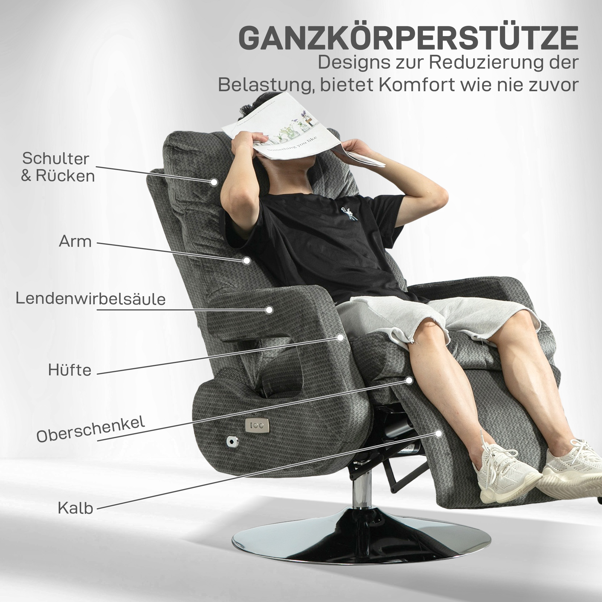 Recliner-Sessel, Elektrischer Polstersessel mit USB-Anschluss und Fußstütze, Samtoptik, drehbar, verstellbar, Grau