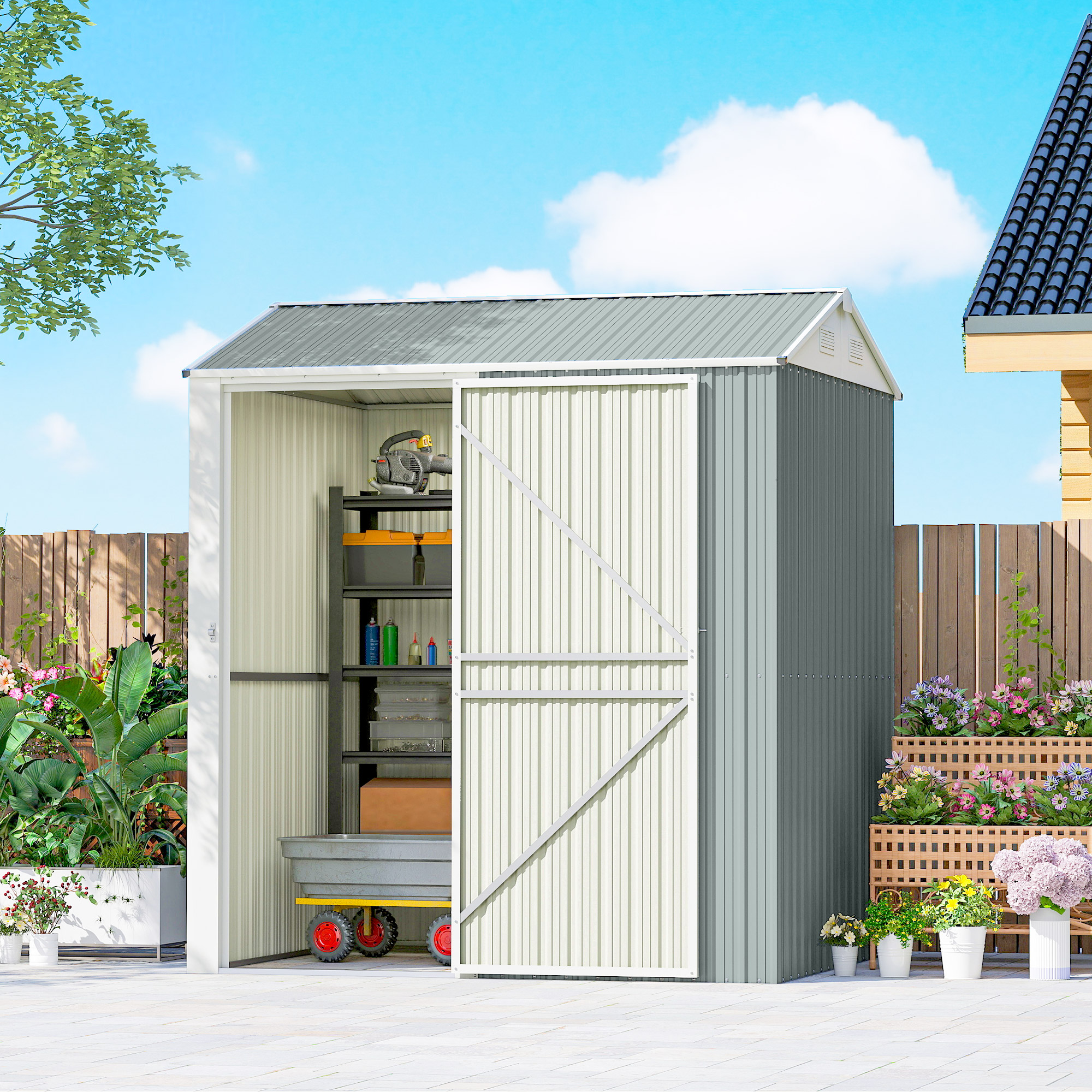 Metall Gerätehaus 3,5 m², Hoher Abschließbar Geräteschuppen mit Sattedach Lüftungen Handschuhen, 209 x 177 x 236 cm