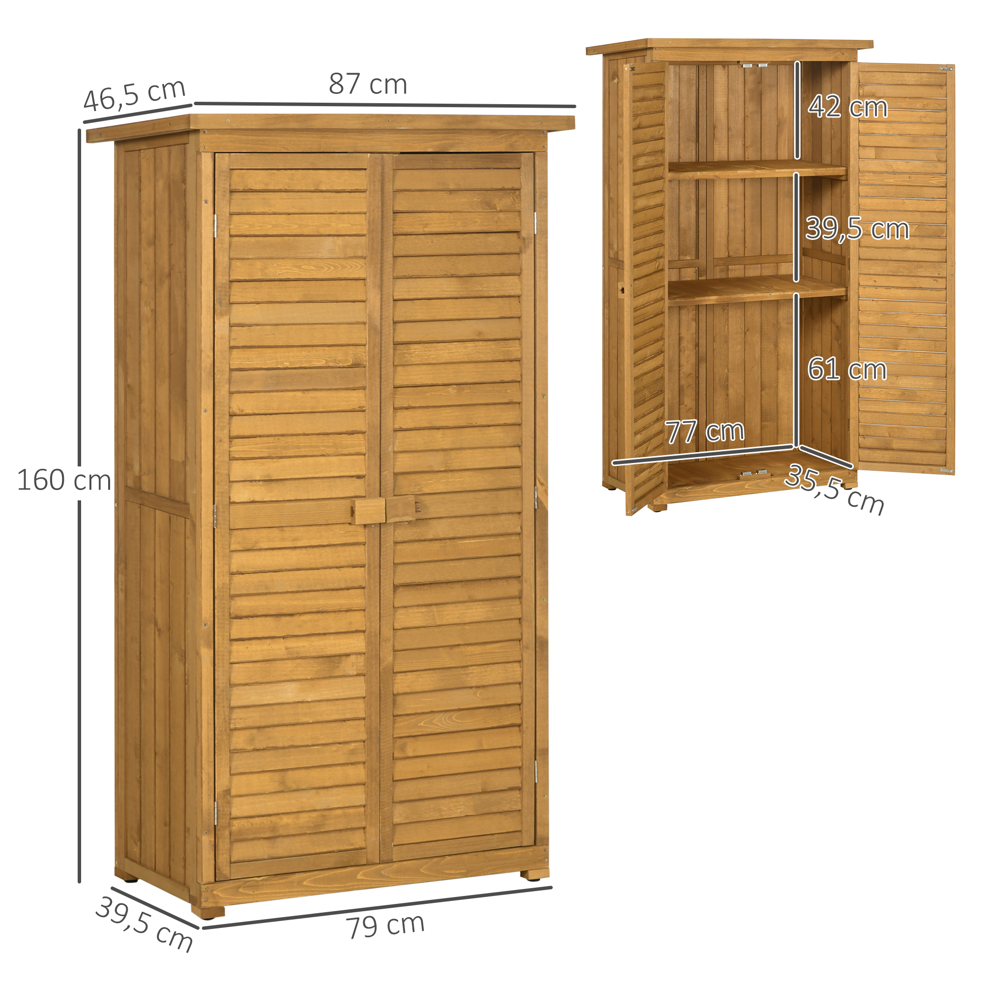 Geräteschuppen mit Lamellentüren 3 Regale wetterbeständig 87 cm x 46,5 cm x 160 cm Tannenholz Braun
