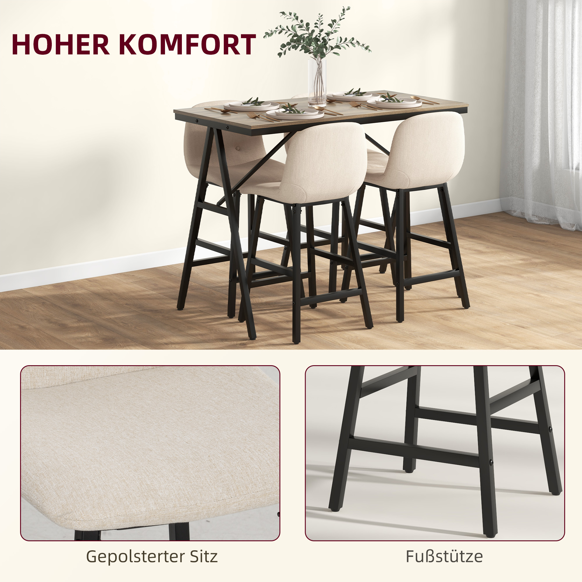 Bargarnitur 5-teilig, Tisch und 4 Stühle, Knopfheftung, dicke Polsterung, Leinenoptik, Beige