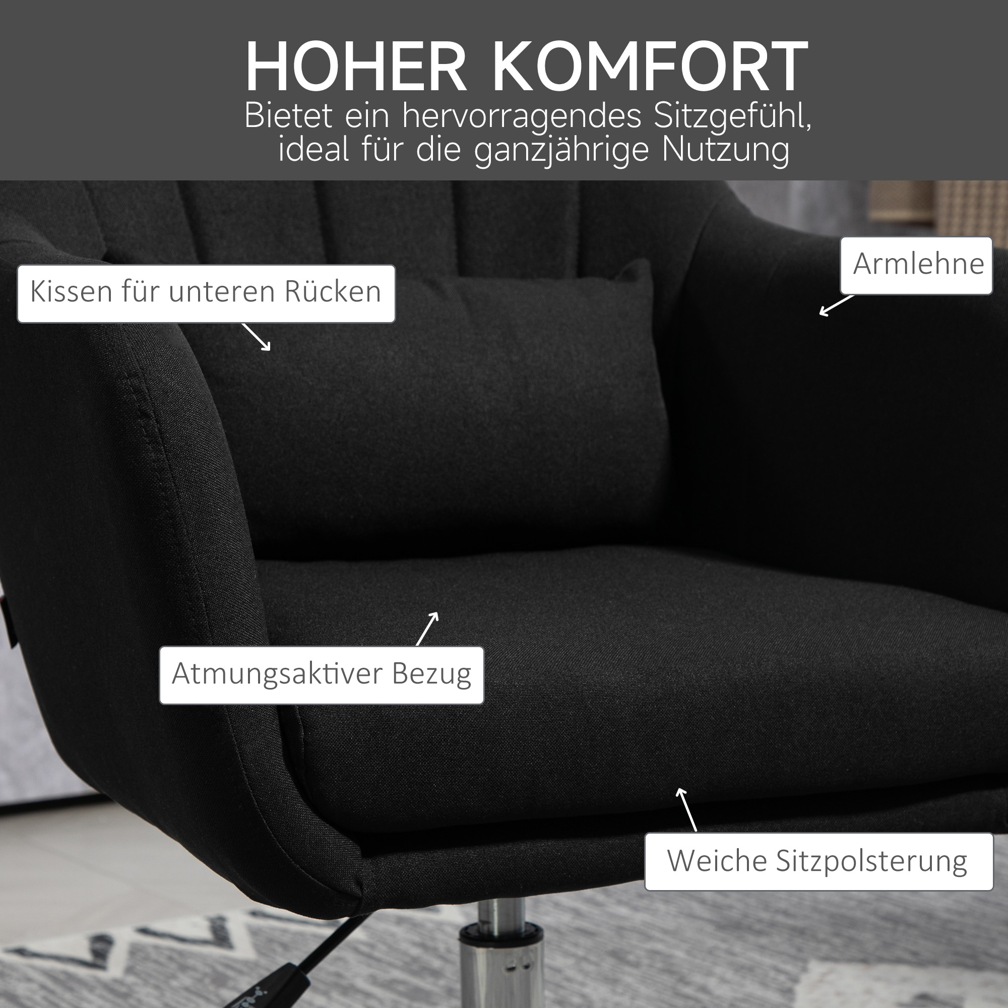 Drehstuhl, höhenverstellbarer Bürostuhl, leinenartiges Polyester, Metall, 60 x 60 x 79-91 cm, Schwarz