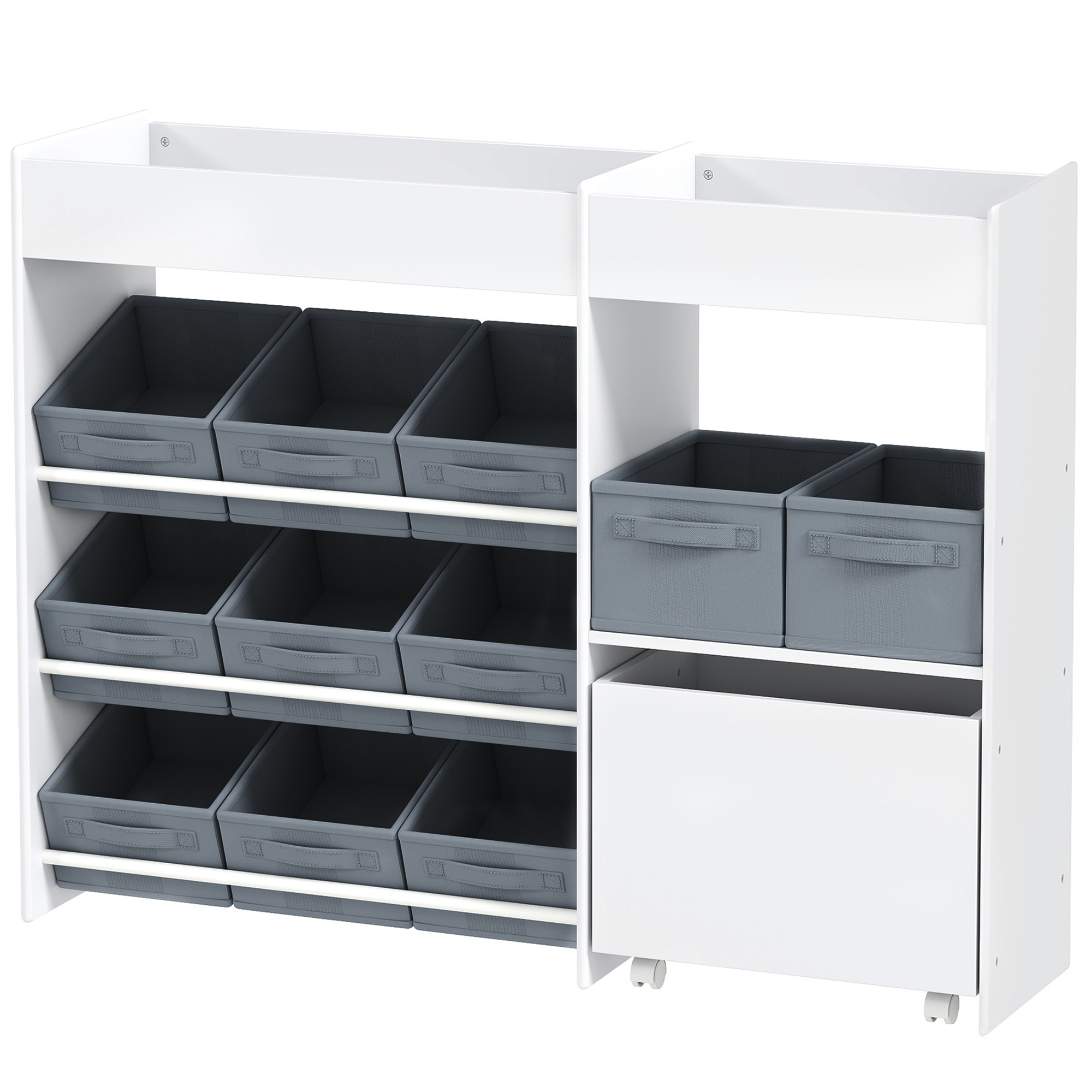 Kinder-Aufbewahrungsregal, Spielzeugschrank für Kinder mit 11 Stoffboxen, oberen Fächern, 3 Stickern, Weiß