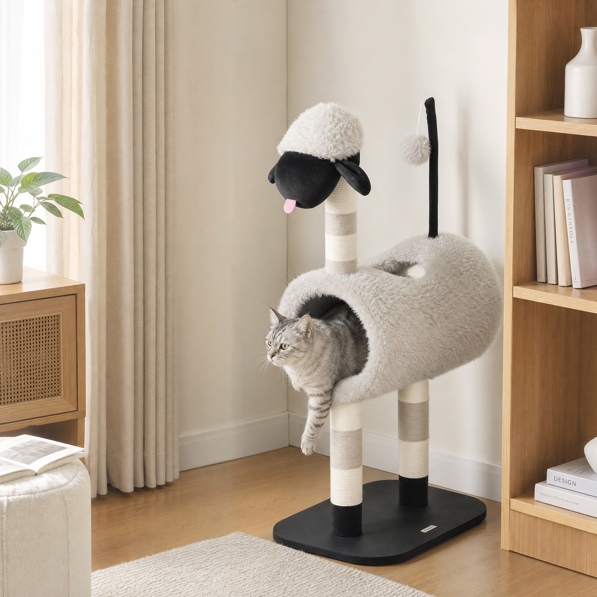 Katzenbaum im Schaf-Design, mit Kratzpfosten, Tunnel und Spielzeug, 98 cm, Hellgrau