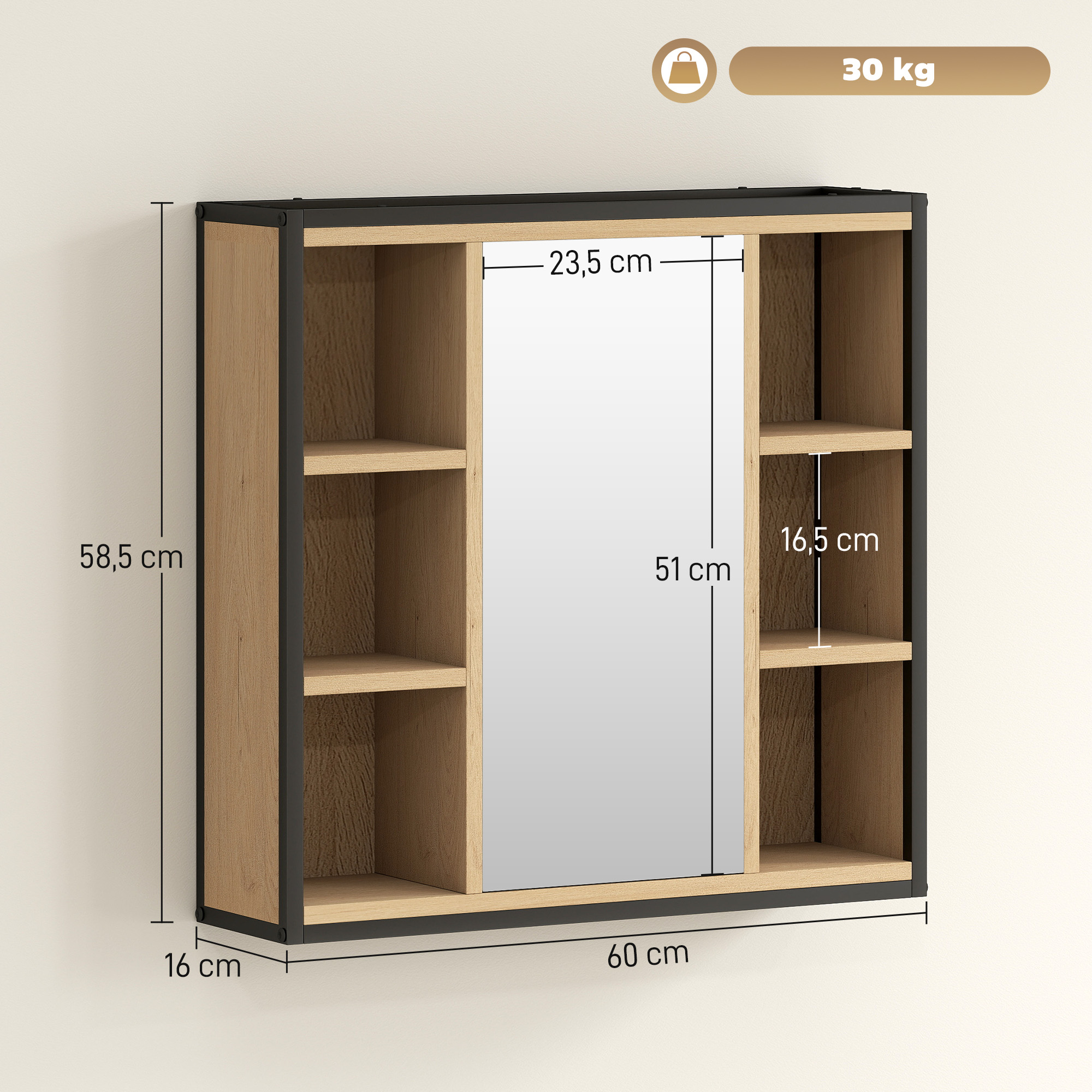 Badezimmer-Spiegelschrank, 6 offene Fächer, 3-stufiges Regal, Wandmontage, Eiche