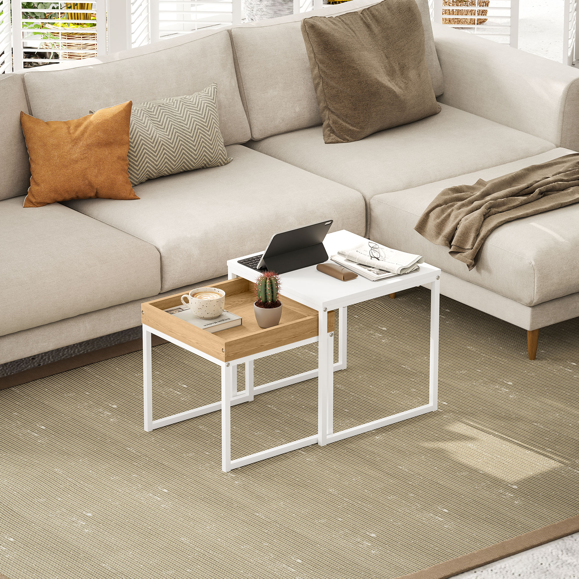 Moderner Couchtisch, 2er-Set Sofatisch, für kleine Räume, Quadratisch, MDF, Metall, Weiß