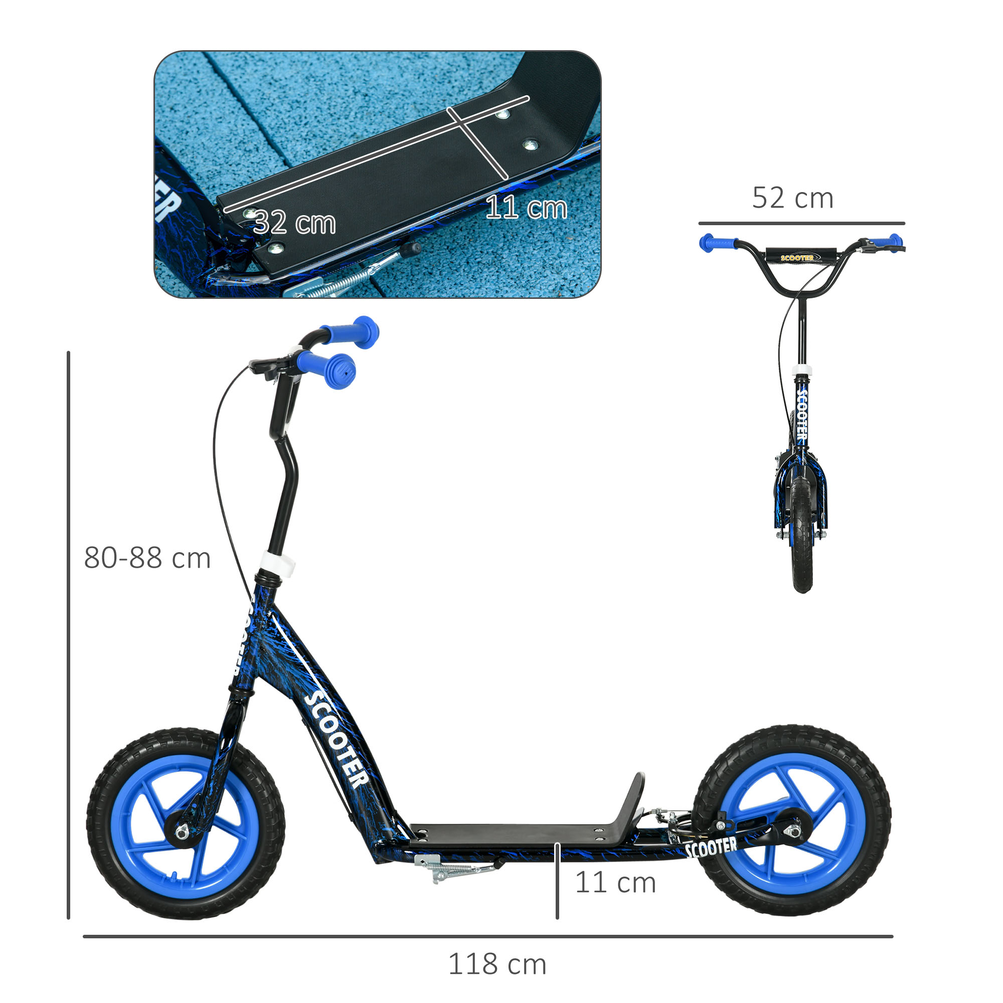 Kinderroller, höhenverstellbarer Tretroller für Kinder, mit Bremse, Ständer, 2 Räder, Stahl, Blau