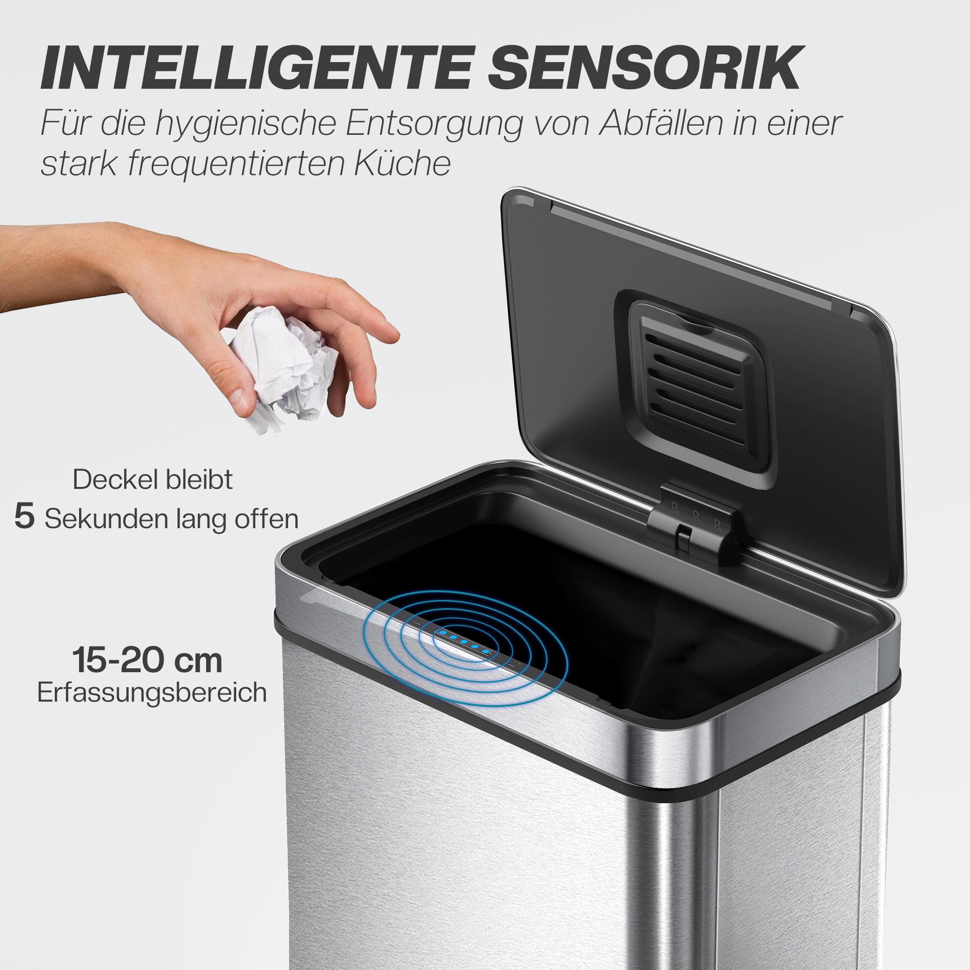 60l Sensor-Mülleimer, automatischer Deckel, Edelstahl, vielseitig einsetzbar, Silberfarben