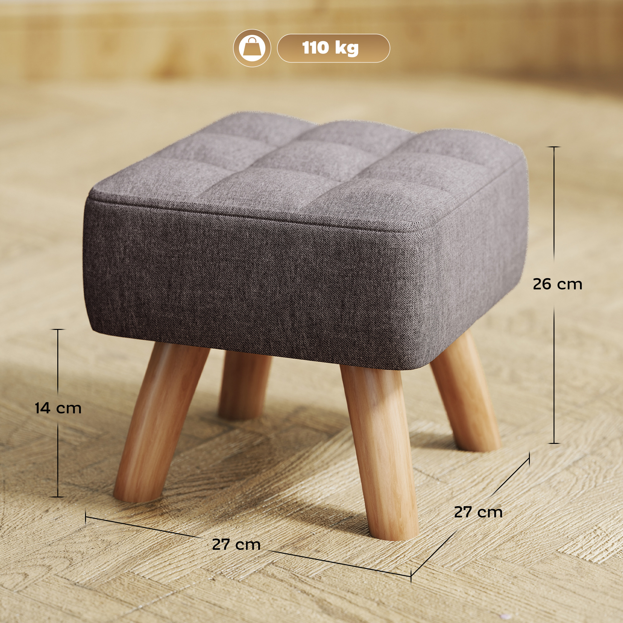 Fußhocker mit Polsterung, Leinenoptik, Holzbeine, bis 110 kg belastbar, Grau