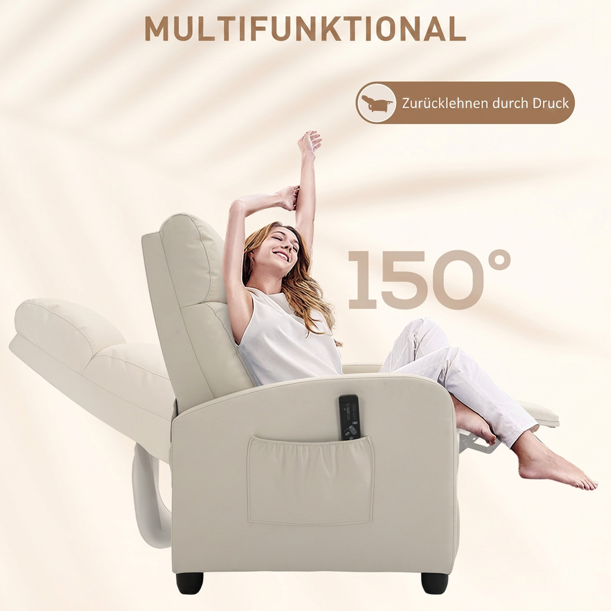 Entspannungs-Massagesessel mit 8 Modi und 5 Intensitäten, Liege mit Fußstütze und Fernbedienung, PU-Kunstleder, Creme