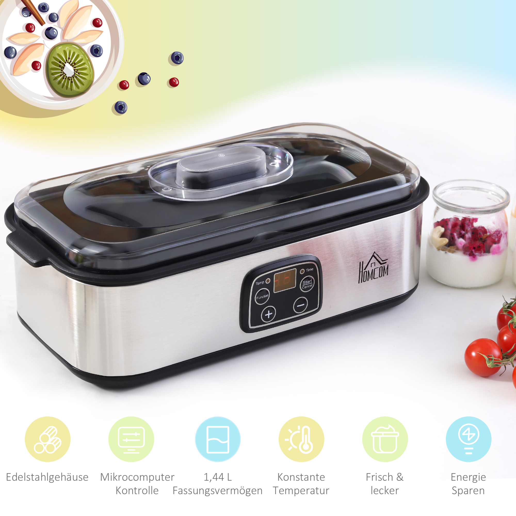 Joghurtbereiter Griechische Joghurtmaschine mit Deckel, 8 BPA-freier Glas-Innenbehälter à 180 ml, Joghurt Maker mit LCD Display Timer, für bis zu 1,4 Liter Joghurt 25 W Silber