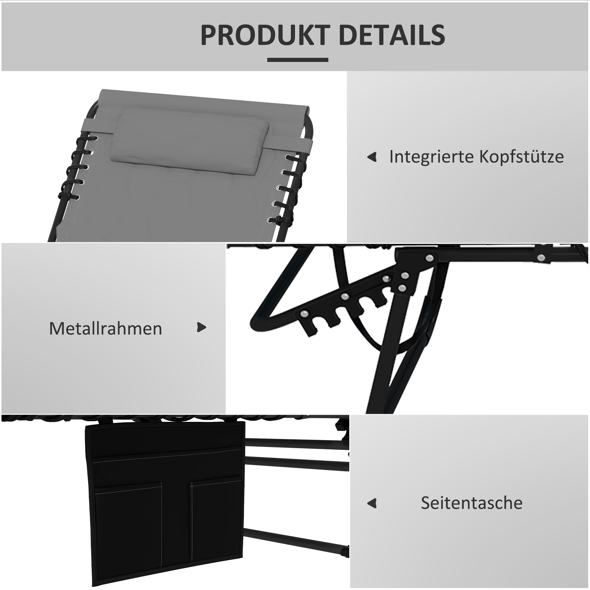 Sonnenliege Liegestuhl Gartenliege, klappbar, inkl, Kissen, wetterbeständig; 188 cm x 65 cm x 36 cm, Grau + Schwarz