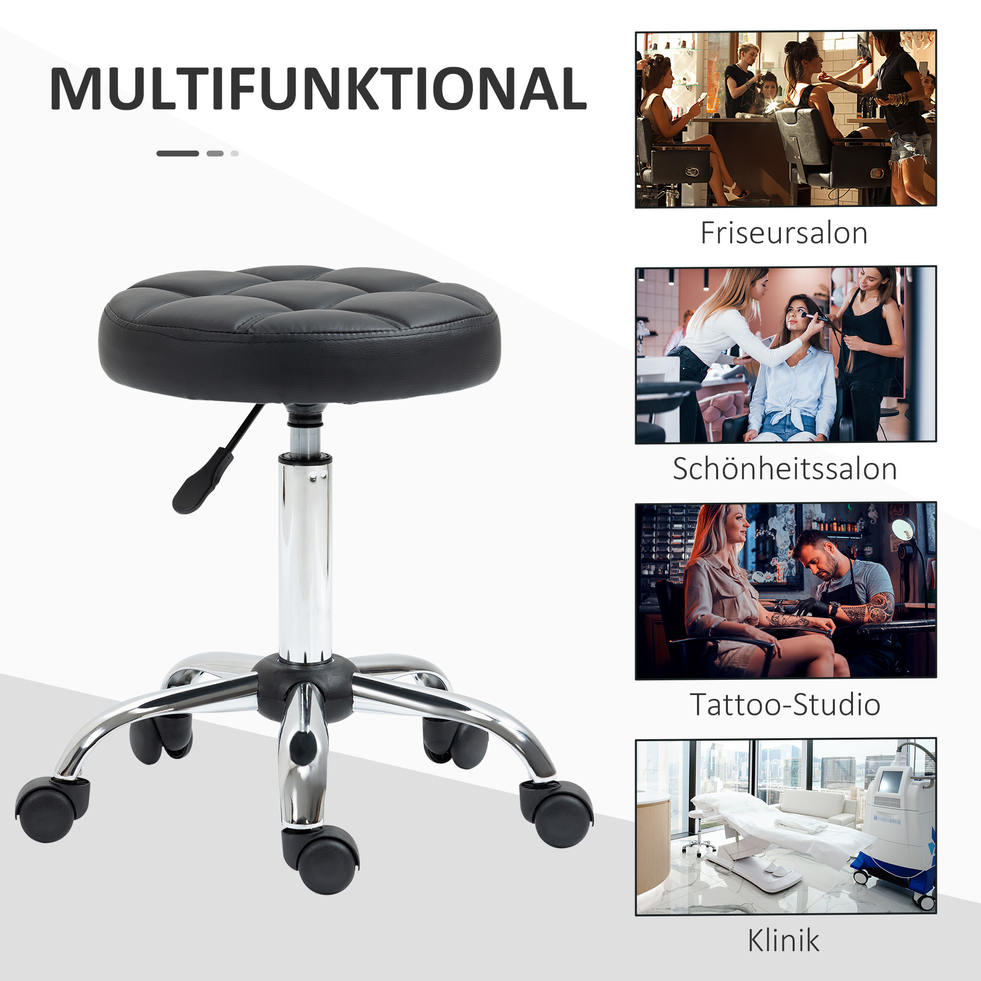 Drehhocker, Salonhocker, höhenverstellbar, Kunstleder, Steppdesign, Schwarz/Silber