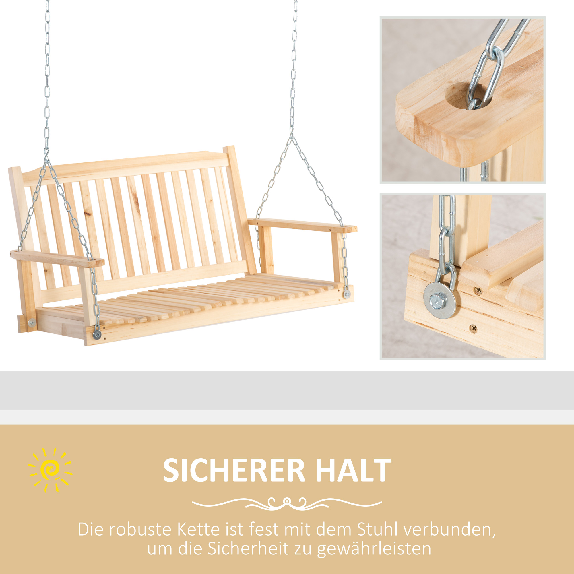 Gartenschaukel für 2 Personen Schaukelbank Hängebank Massivholz Patio Terrasse Hinterhof Natur 117 x 69 x 60 cm