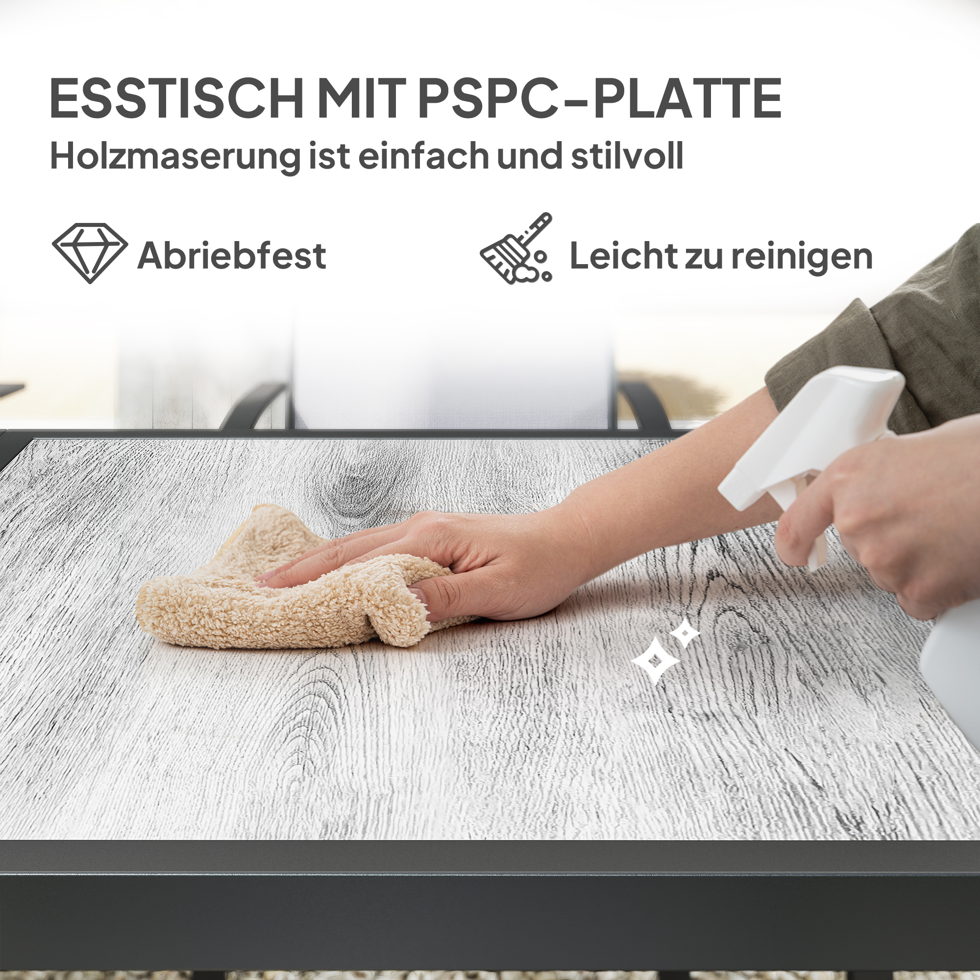 7-teiliges Ess-Set, 6 Stühle, 1 Tisch, stapelbar, leicht zu reinigen, Stahlrahmen, Gartenmöbel-Set, Grau