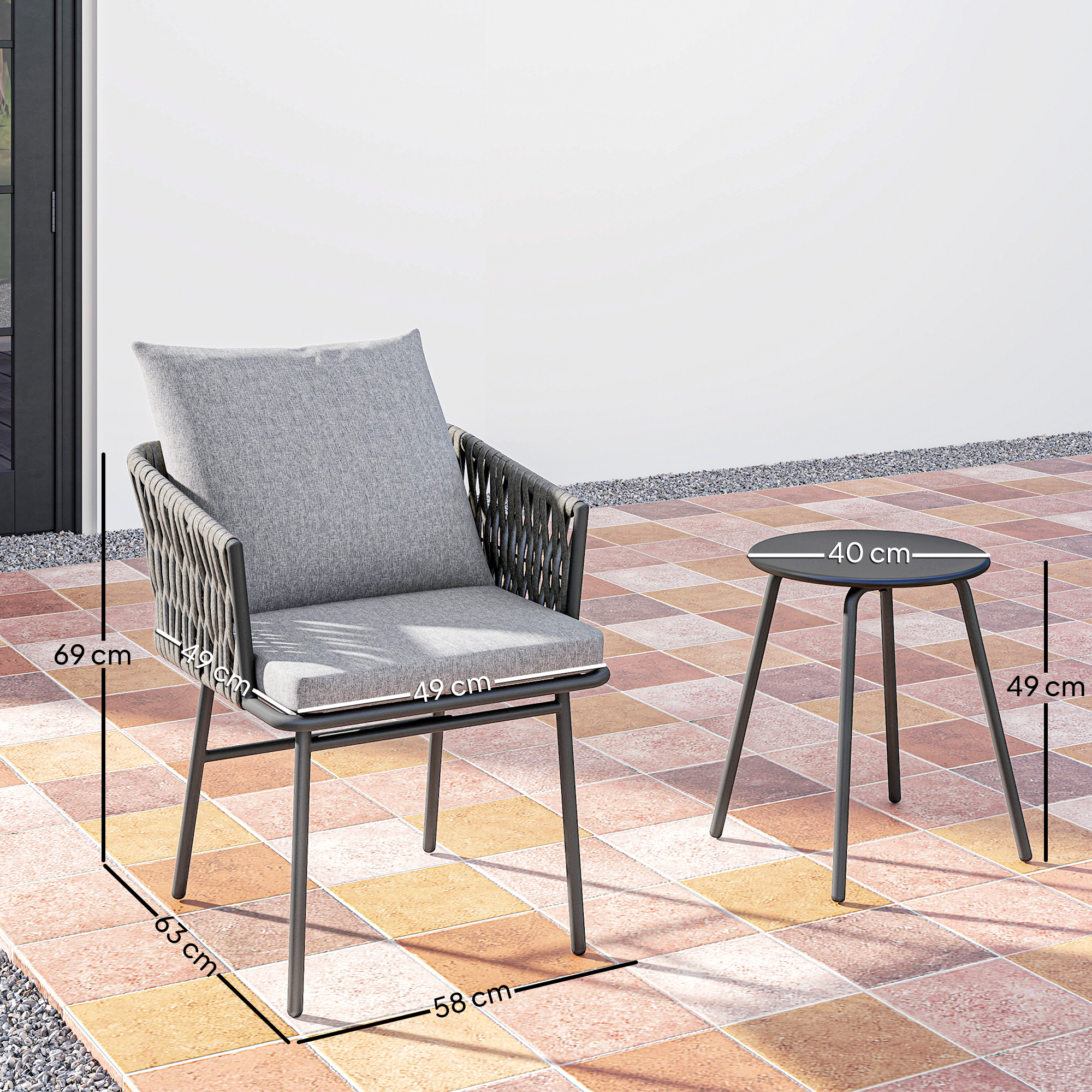 3-teiliges Außenmöbel-Set, 2 Stühle, 1 Tisch, Bistro-Set, Kunst-Rattan, Stahlrahmen, Metalltisch, 4 Kissen, Grau