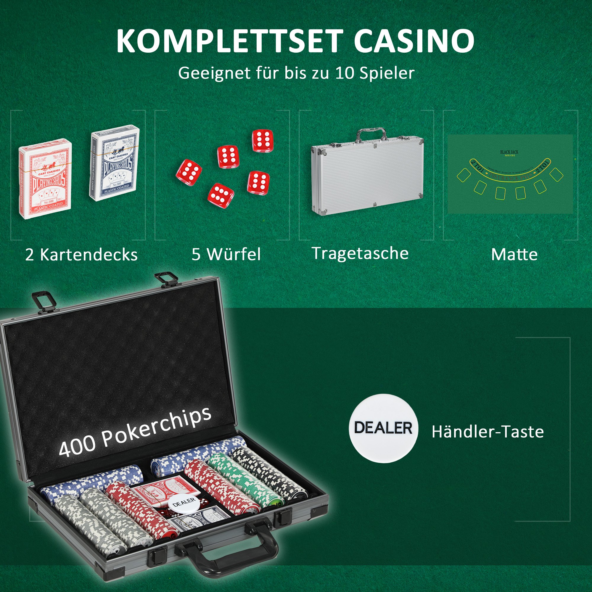 Poker-Set, Pokerkoffer, 400 Chips, 2 Kartendecks, 5 Würfel, Dealer-Scheibe, Unterlage