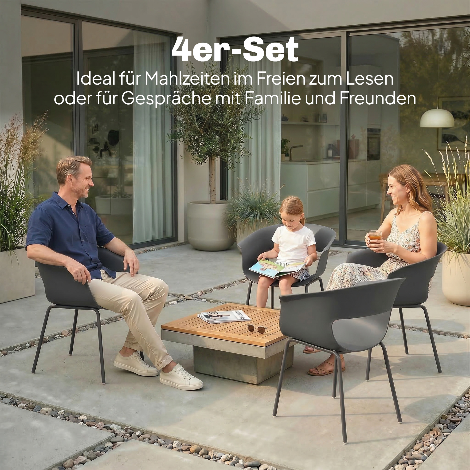 Gartenstühle 4er Set ergonomisch Balkonstühle mit Ausschnittdesign Armlehne Wetterfest rostbeständig Dunkelgrau