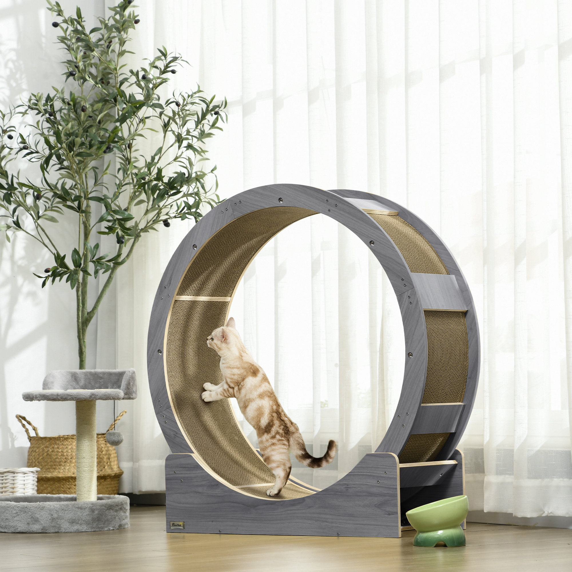 Katzenlaufrad, Laufrad für Katzen, 91 cm, mit Bremse, Kratzmatte, Katzenrad für gesunde Bewegung, Walnuss