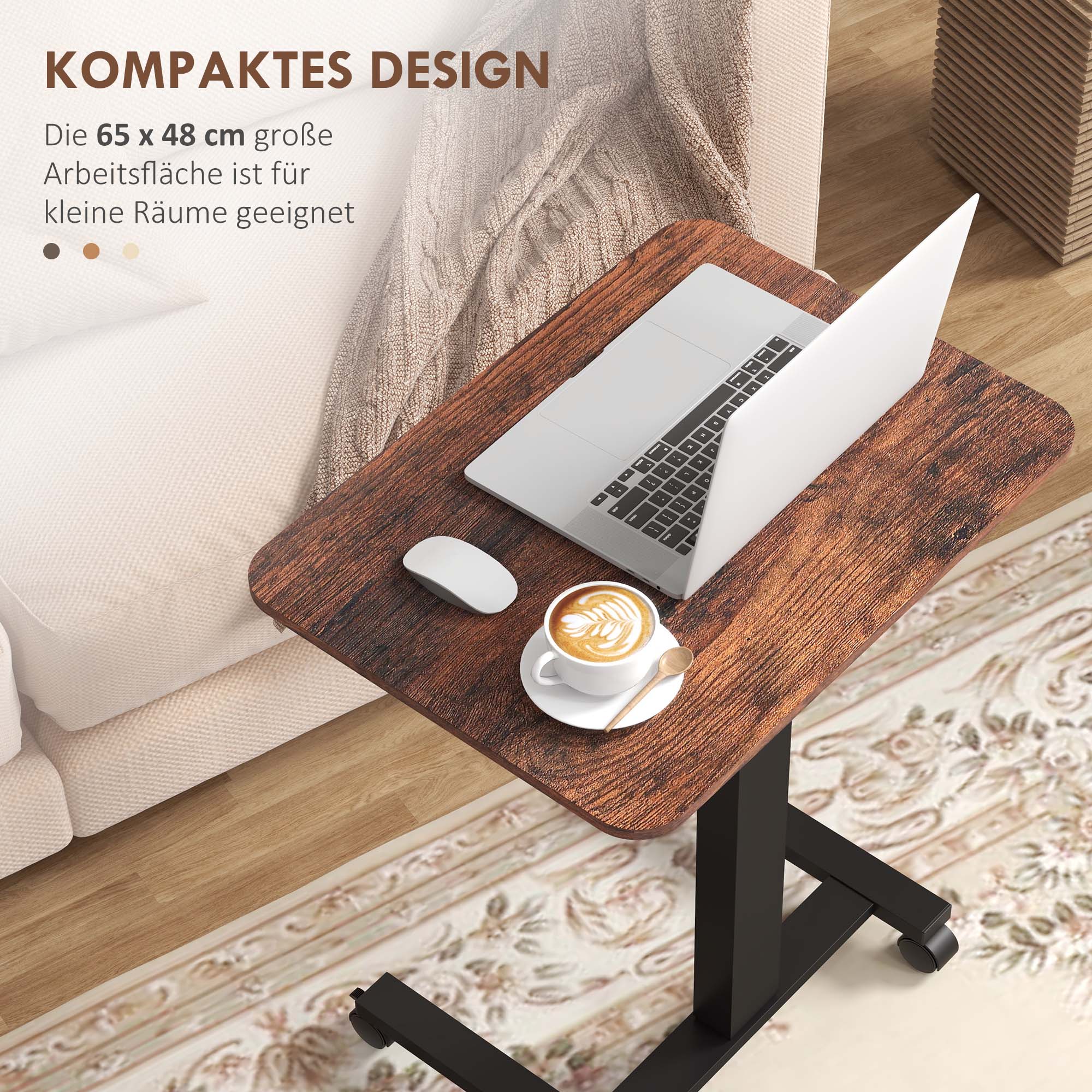 Stehpult Stehtisch, Laptoptisch, höhenverstellbar, 4 Rollen, 65 cm x 48 cm x 108 cm, Braun + Schwarz